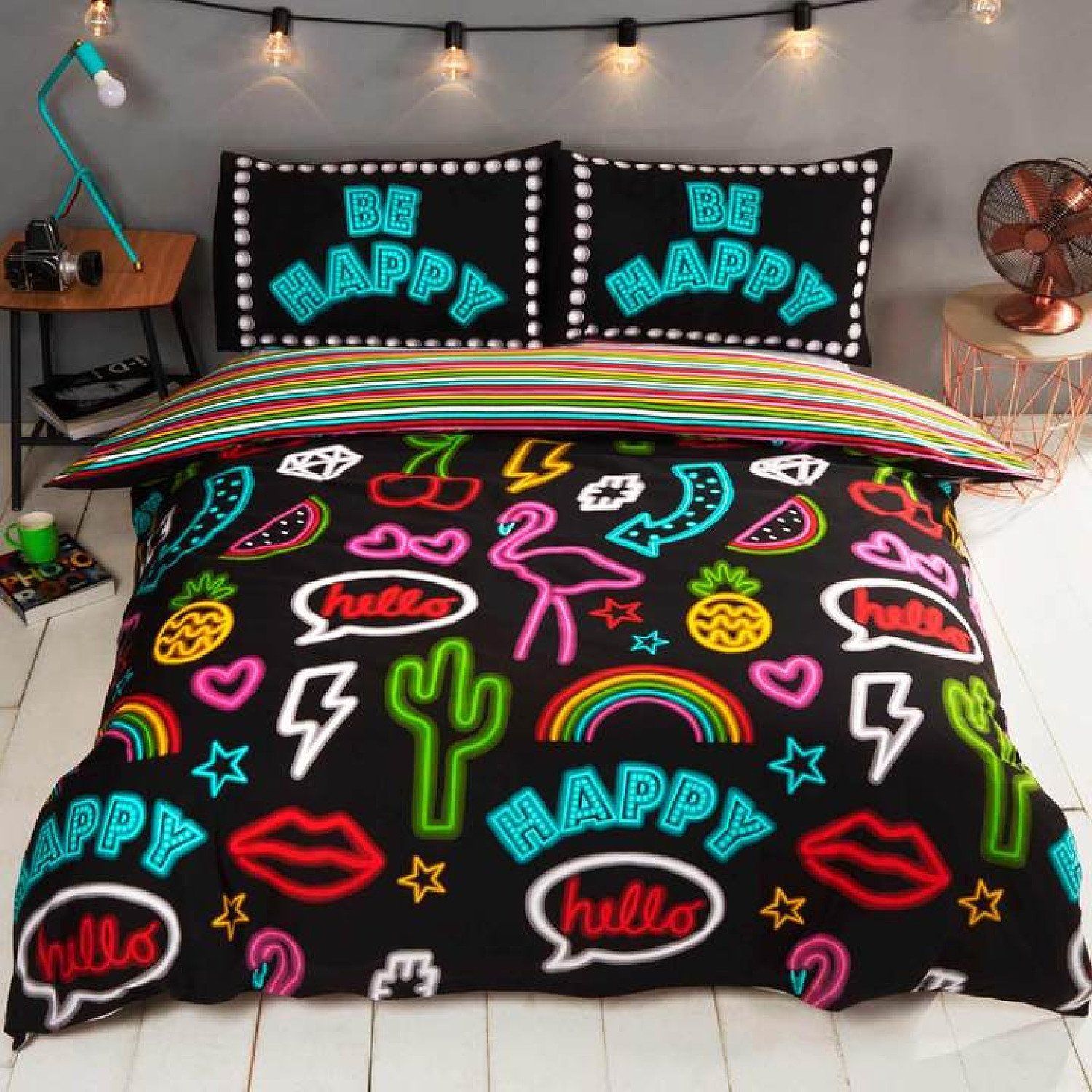 Be Happy Neon Sign Multi Duvet Cover Set