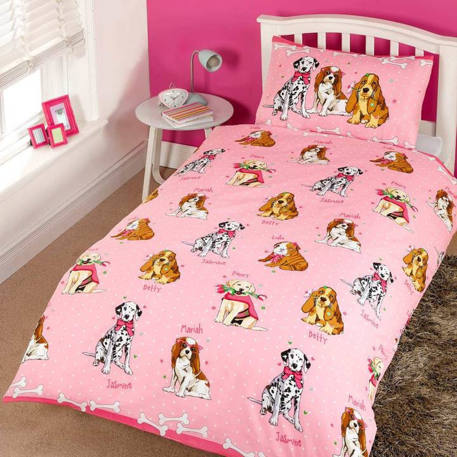 Doggies Cute Polka Dot Pink Kids Duvet Cover Set
