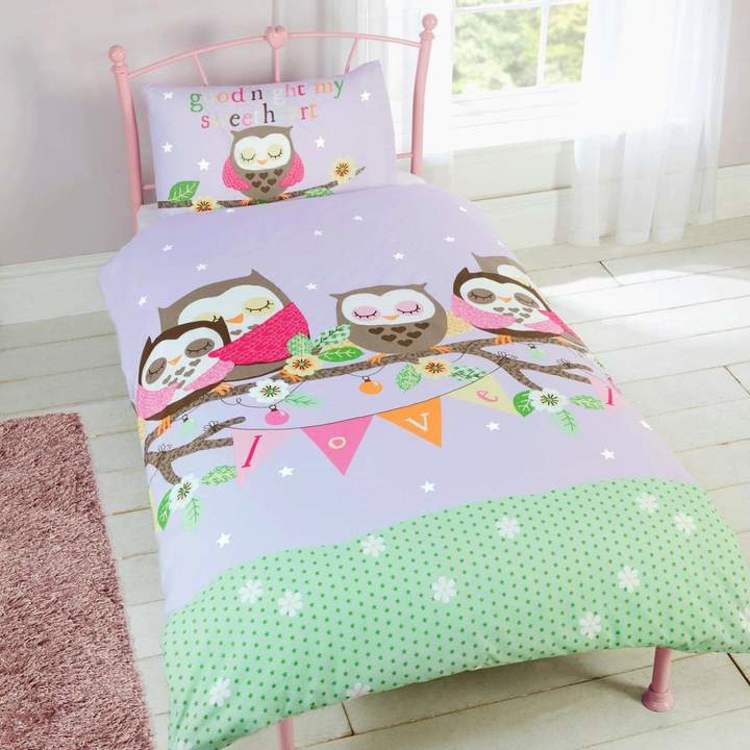 Goodnight Sweetheart Owls Purple Kids Duvet Cover Set