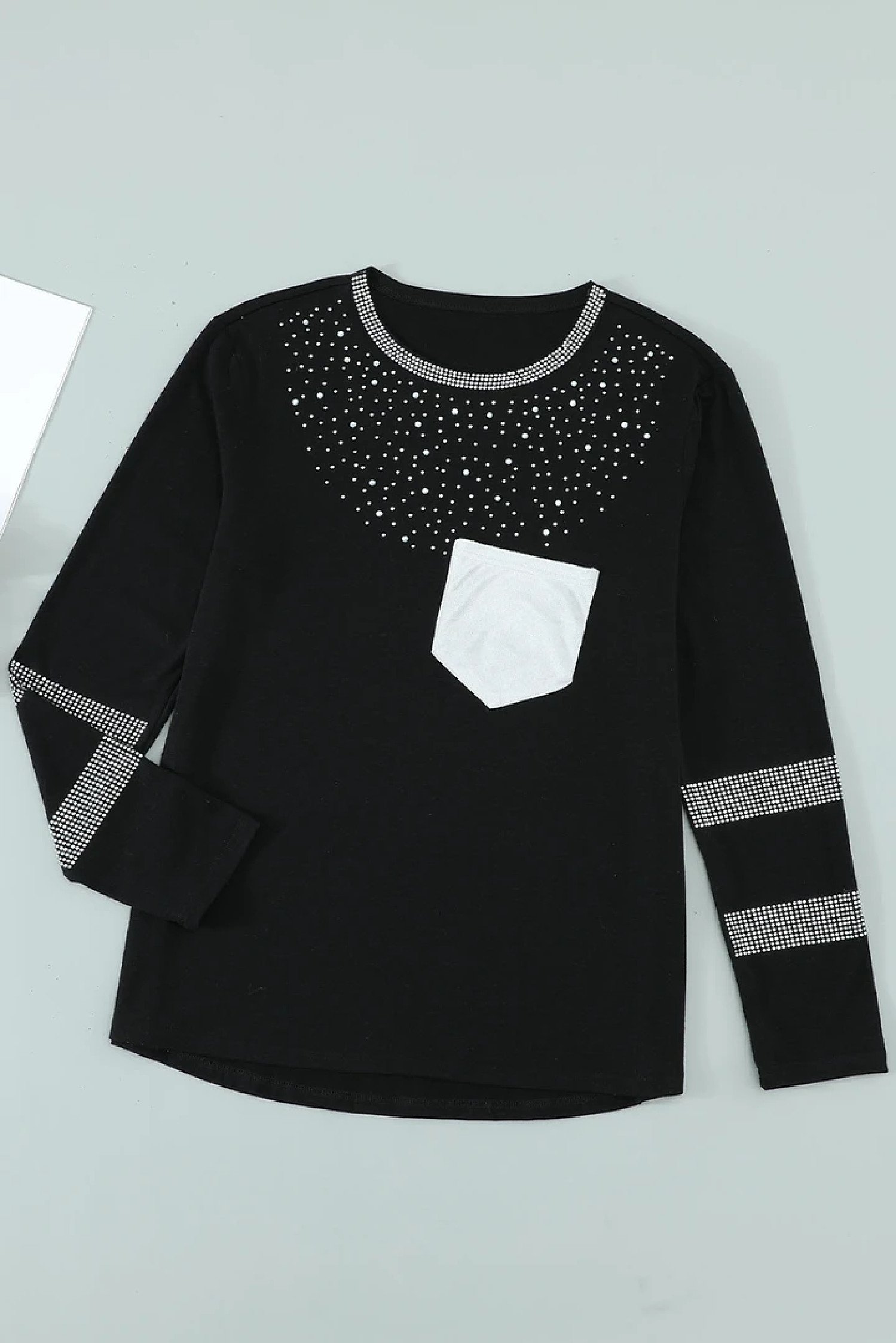 Black Crew Neck Rhinestone Pocket Long Sleeve Top £17.99 Free Postage