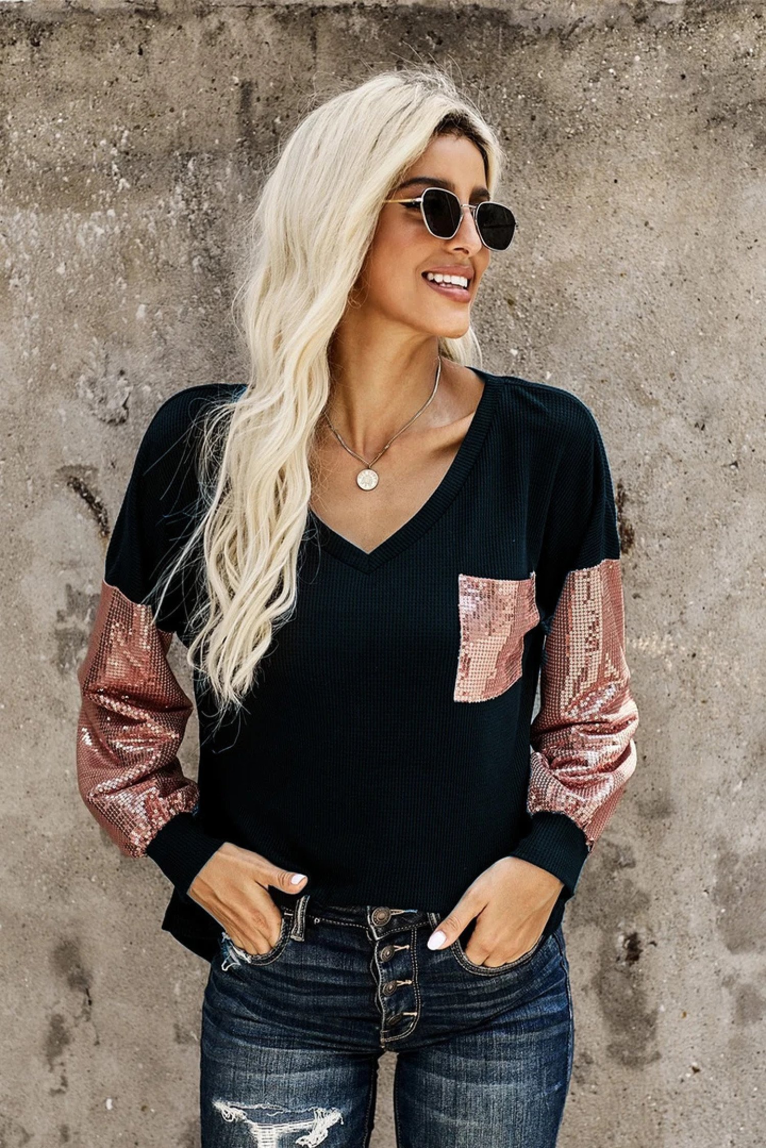 Sequin Splicing V Neck Bishop Sleeves Top £16.99 Free Postage