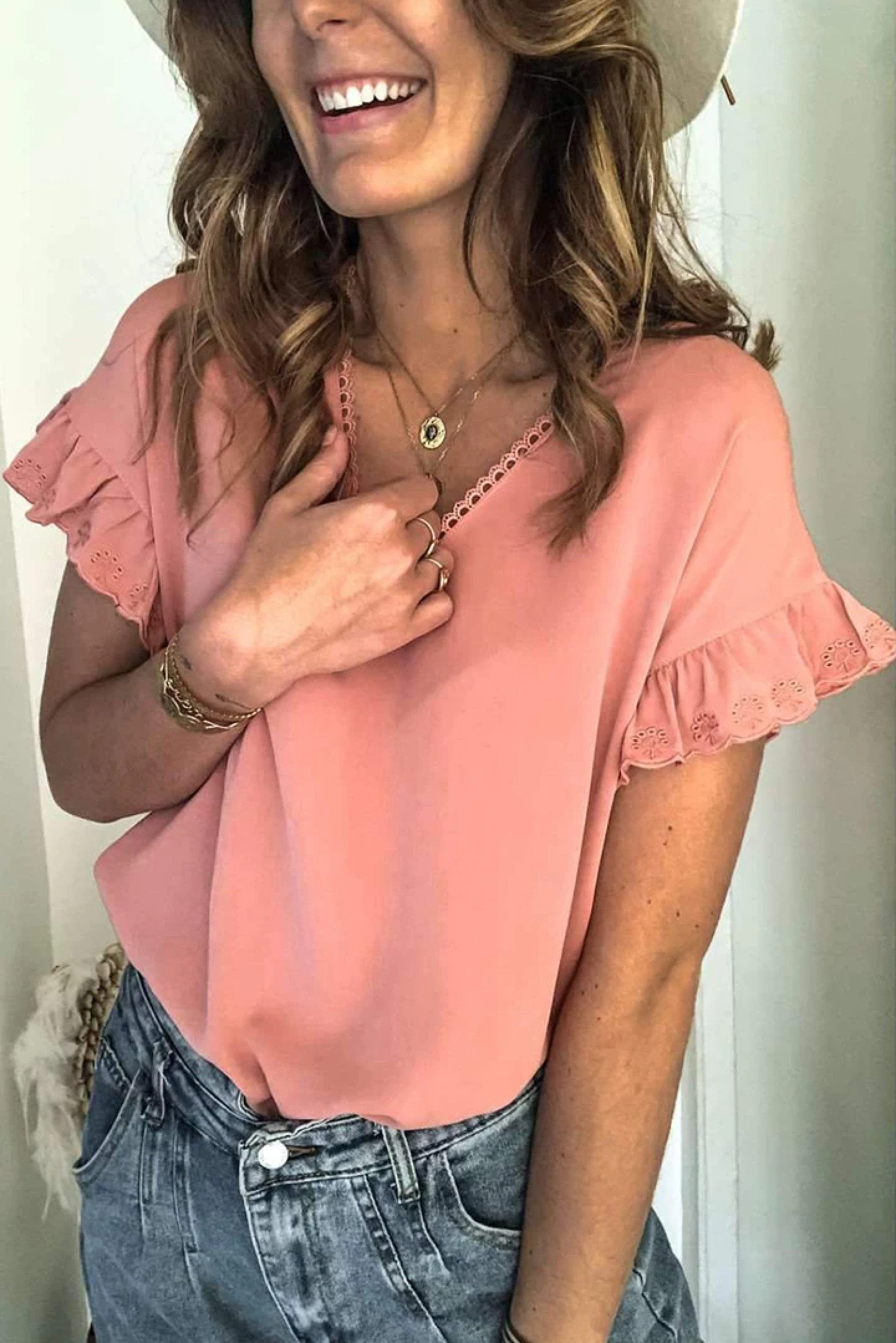 Pink V Neck Ruffle Short Sleeve T-shirt £14.99 Free Postage