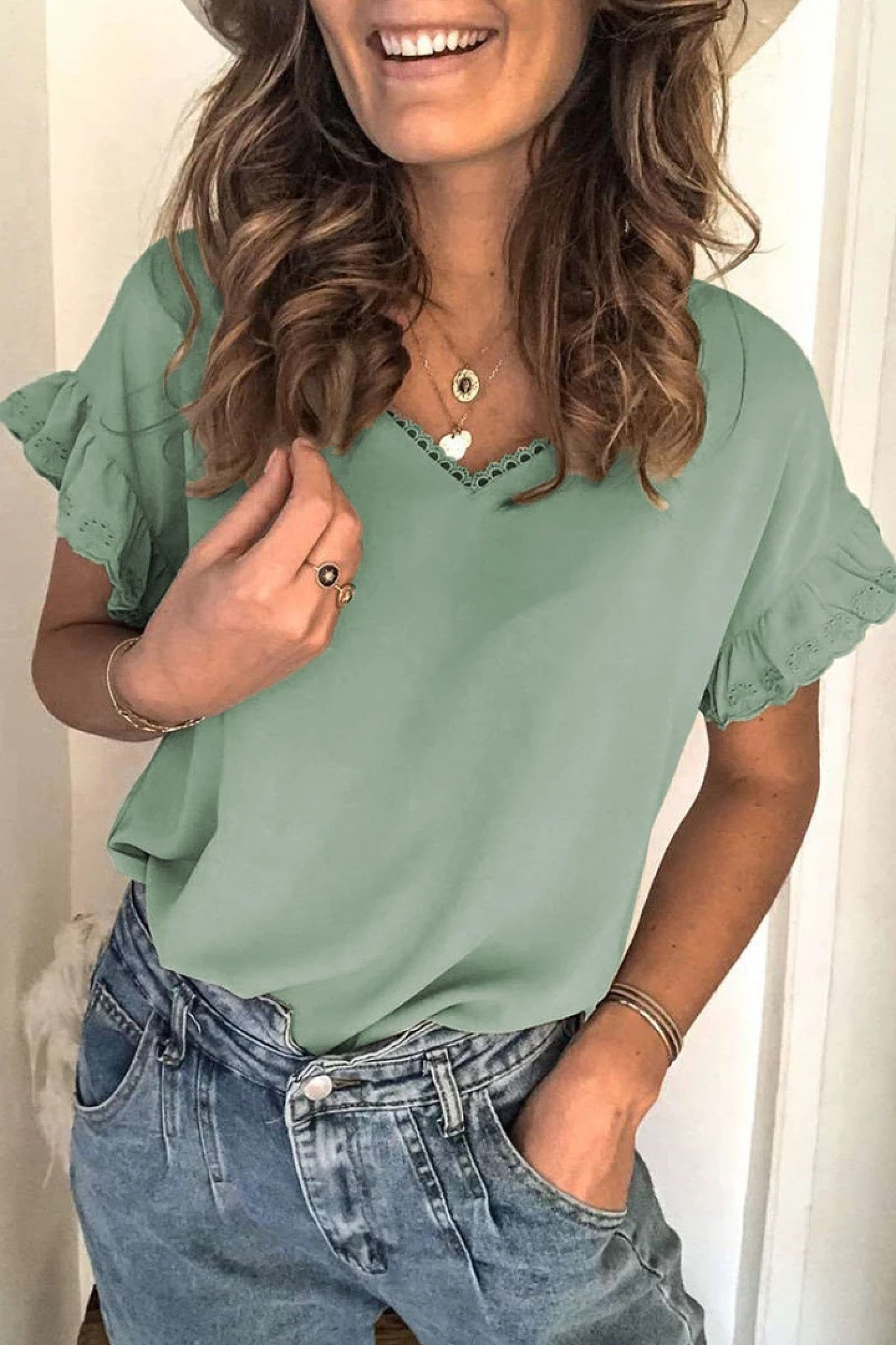 Green V Neck Ruffle Short Sleeve T-shirt £14.99 Free Postage