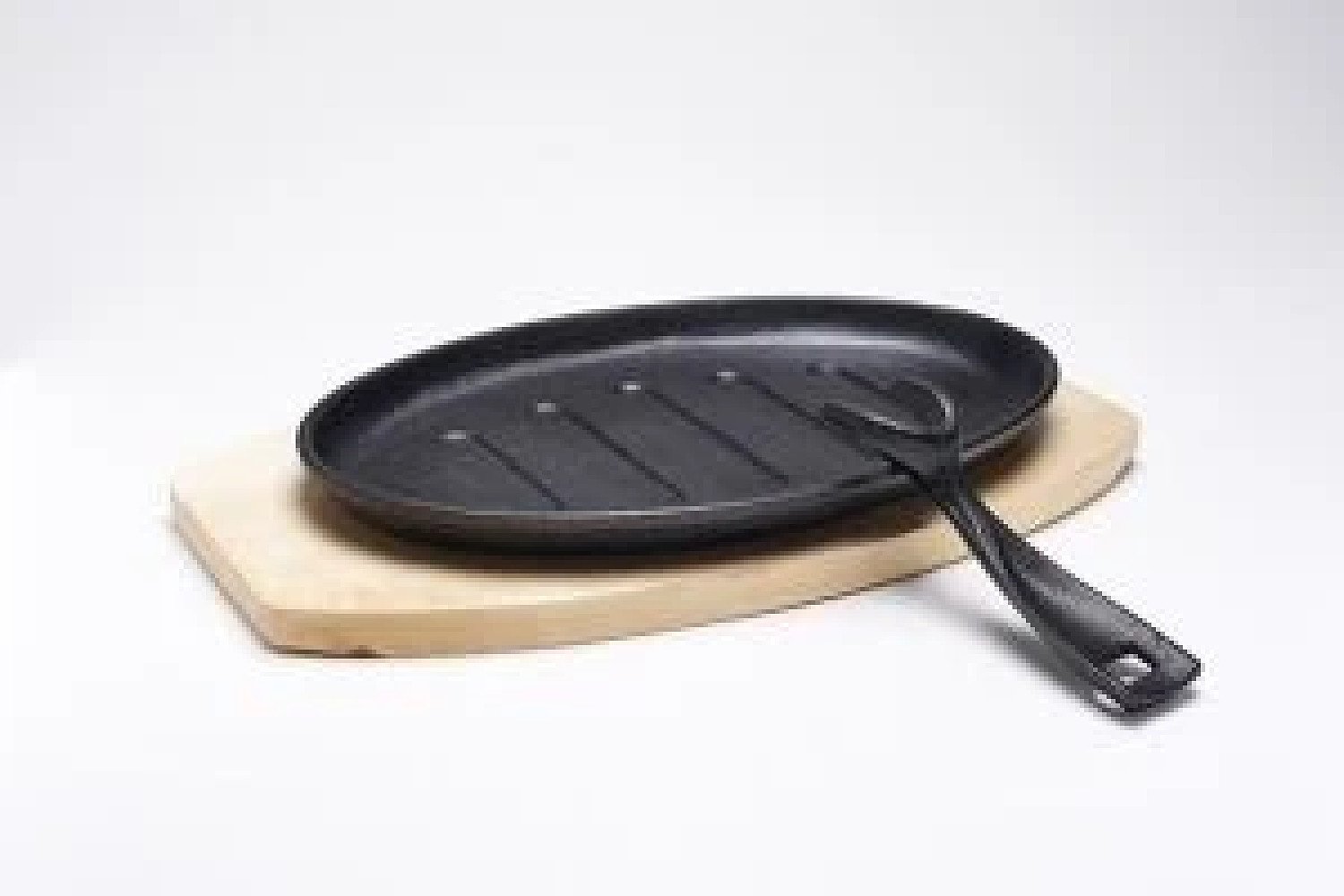 Cast Iron Sizzler Platter Skillet With Wooden Trivet Serving Oval 27X17Cm