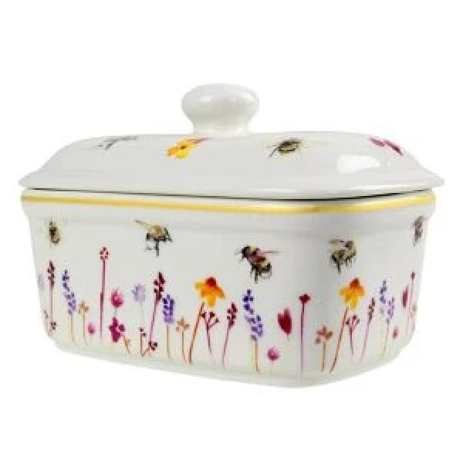 Busy Bees Ceramic Butter Dish with Lid Watercolour Flowers Print Floral Design £21.99 Free Postage