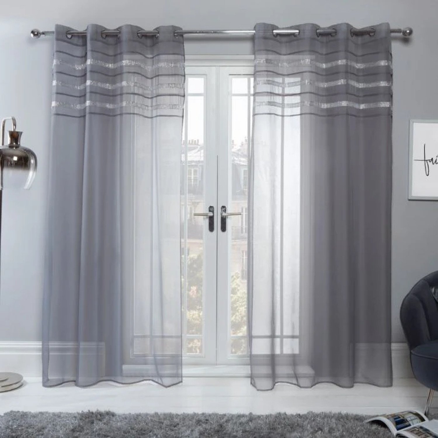 SIENNA LATINA DIAMANTE VOILE NET CURTAINS EYELET, CHARCOAL GREY - 55" X 87" Free Postage