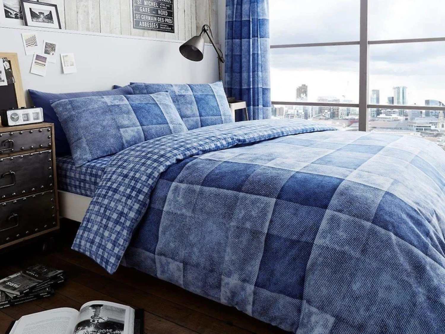 ( Blue) Denim Check Duvet Cover Bedding Set Free Postage