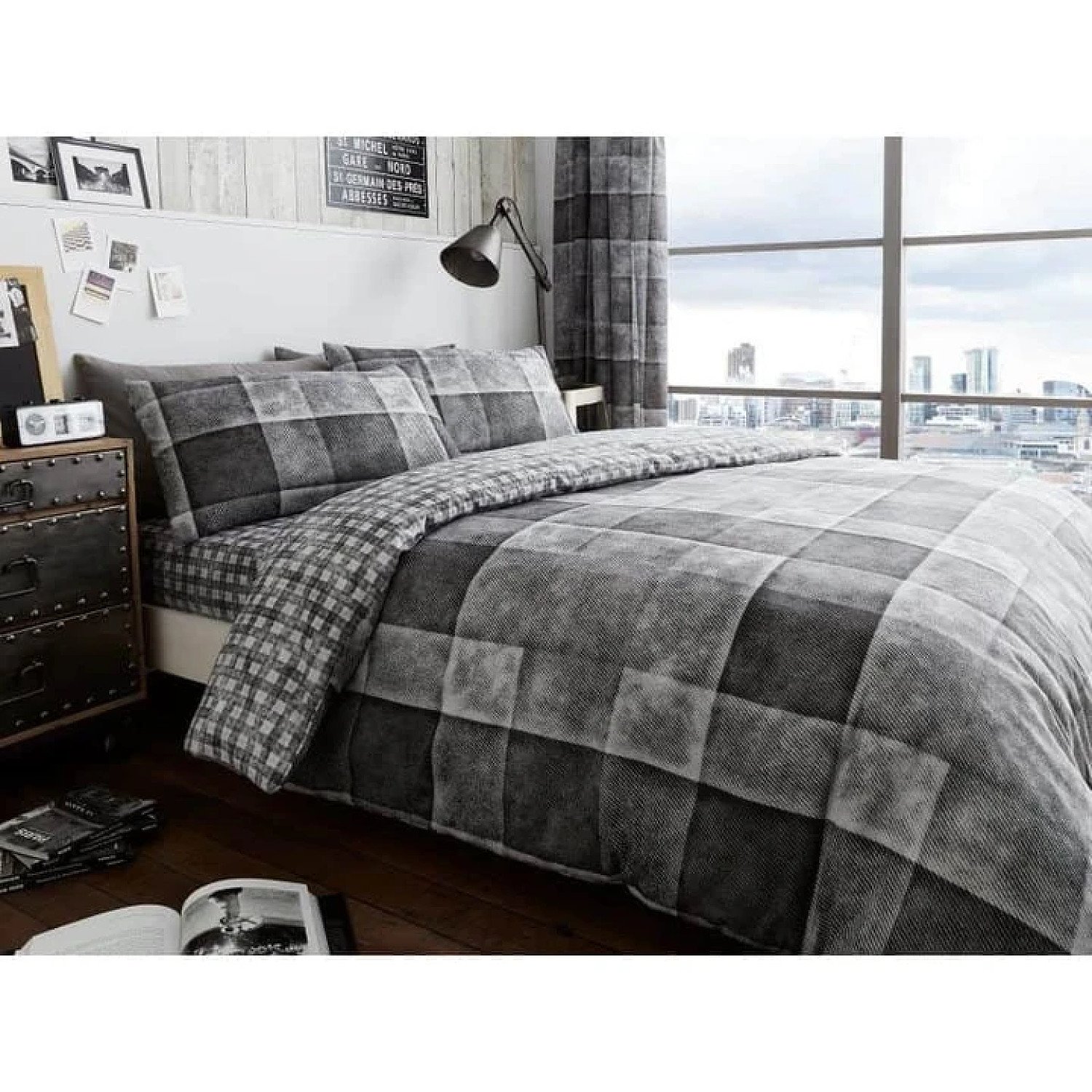 ( Grey) Denim Check Duvet Cover Bedding Set Free Postage