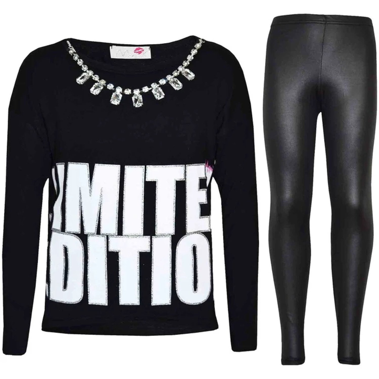 (Black) Kids Girls Limited Edition Printed Trendy Top & Fashion Legging Set 7-13 Years Free Postage