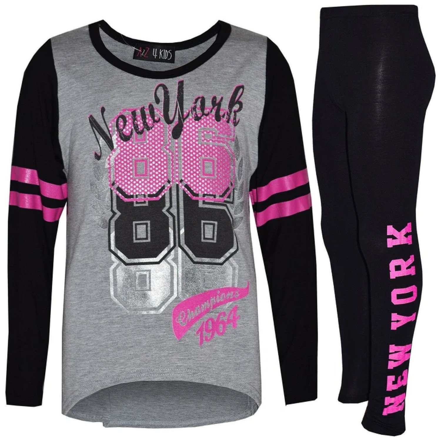 (Grey) Girls Top Kids New York 86 Print Fashion Tops & Stylish Legging Set 7-13 Years Free Postage
