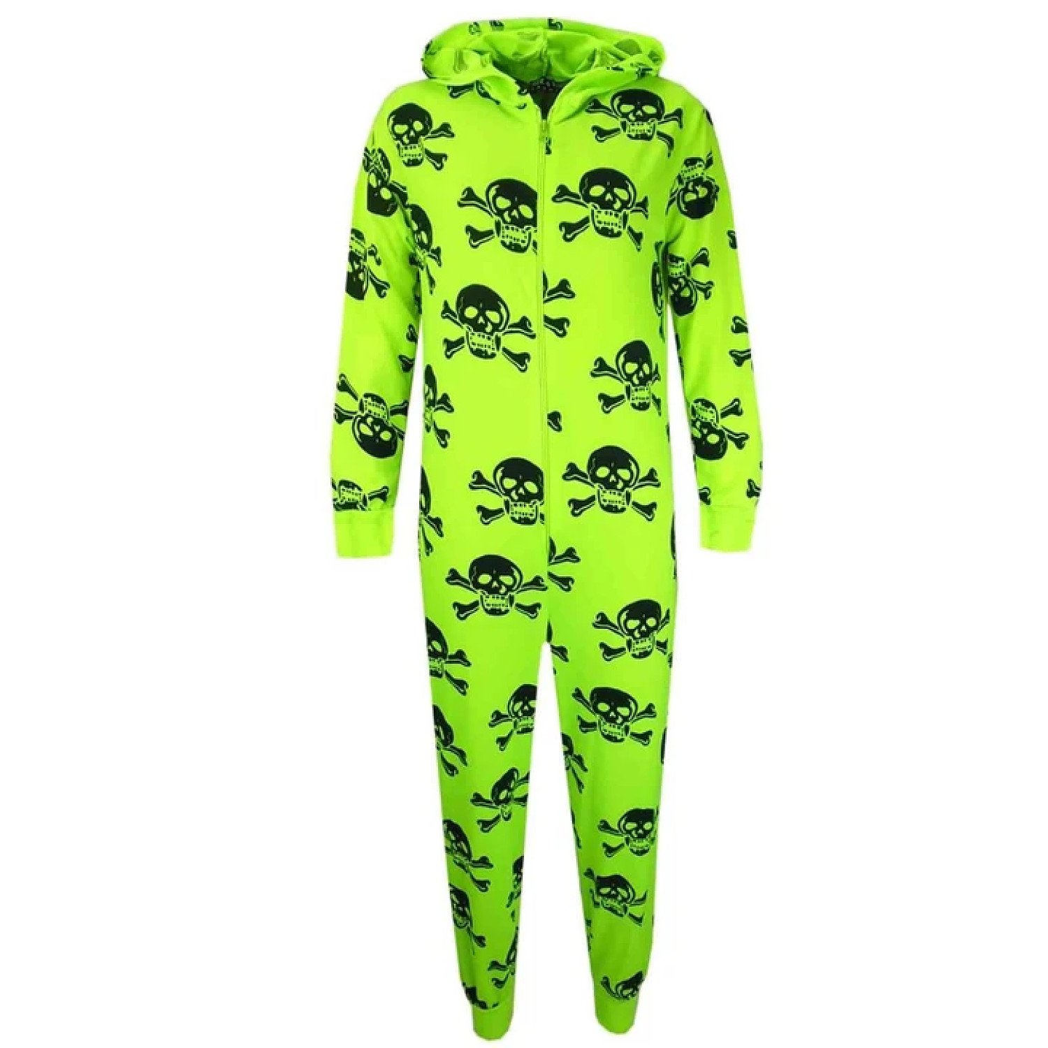 (Neon Green & Black) Girls/Boys Onesie One Piece Kids Skull & Cross Bone All In One PJ's 5-13 Yrs