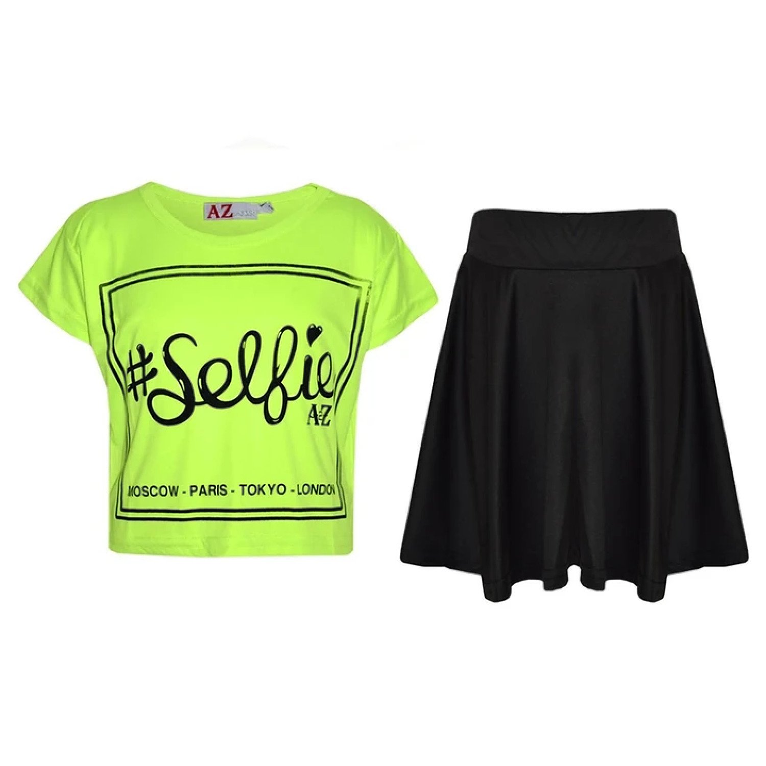 (Neon Green) Girls Selfie Print Stylish Crop Top & Skater Skirt Set Age 5-13 Years Free Postage
