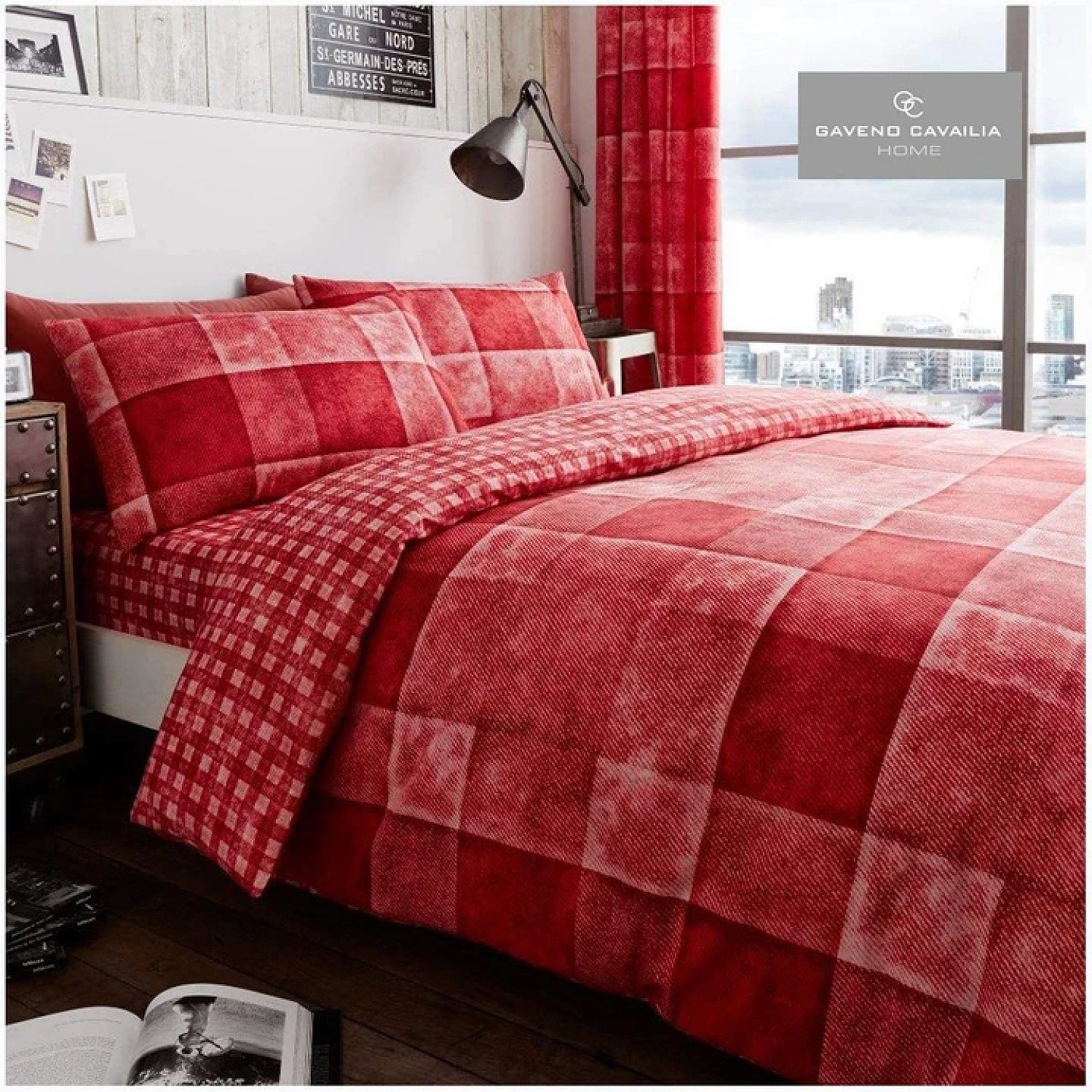 (Red) Denim Check Duvet Cover Bedding Set Free Postage