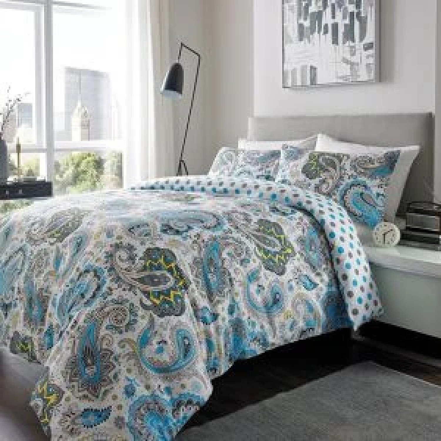 100% Brushed Cotton Duvet Set Paisley KING BLUE GREY
