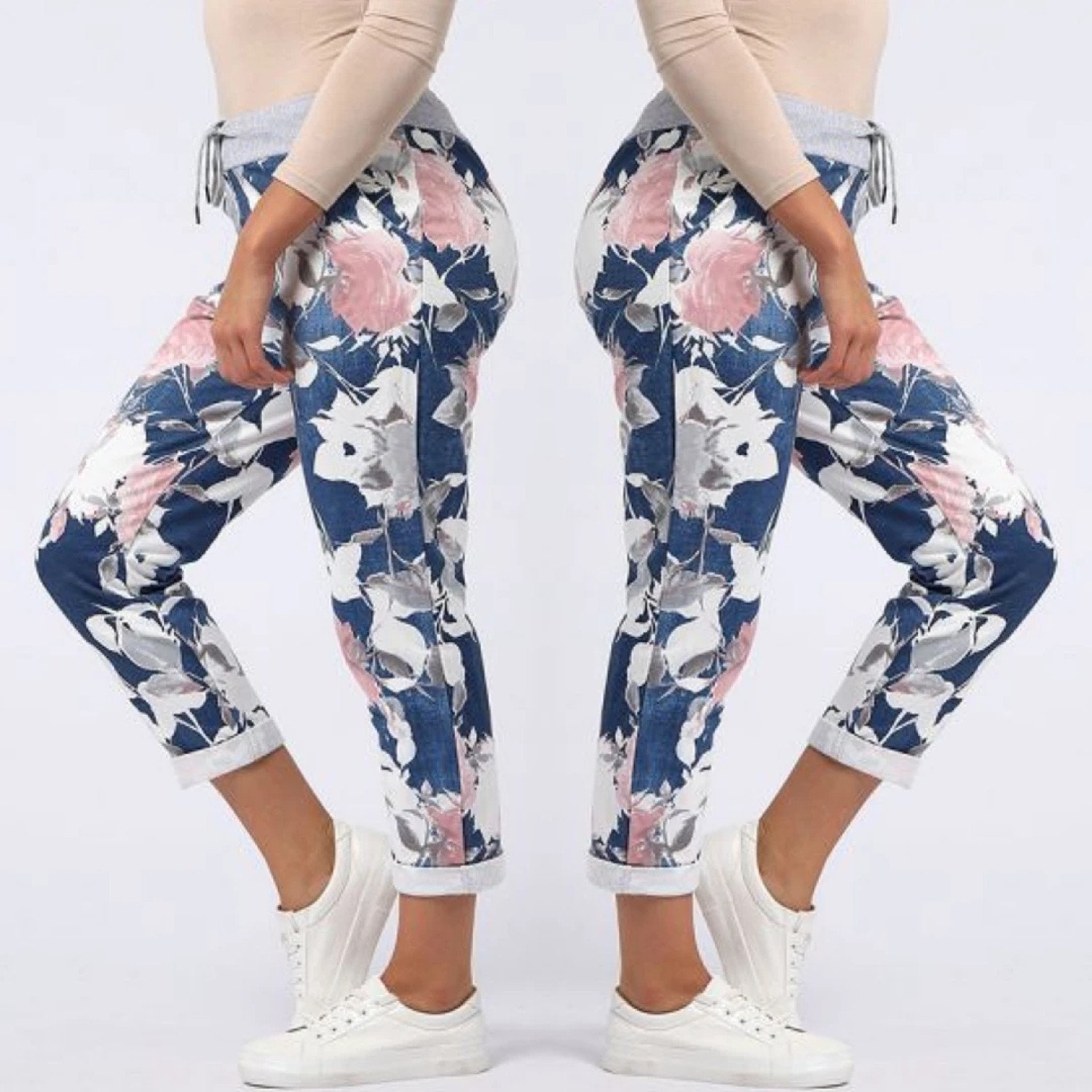 Sarah Floral Print Cotton Joggers - Dark Blue