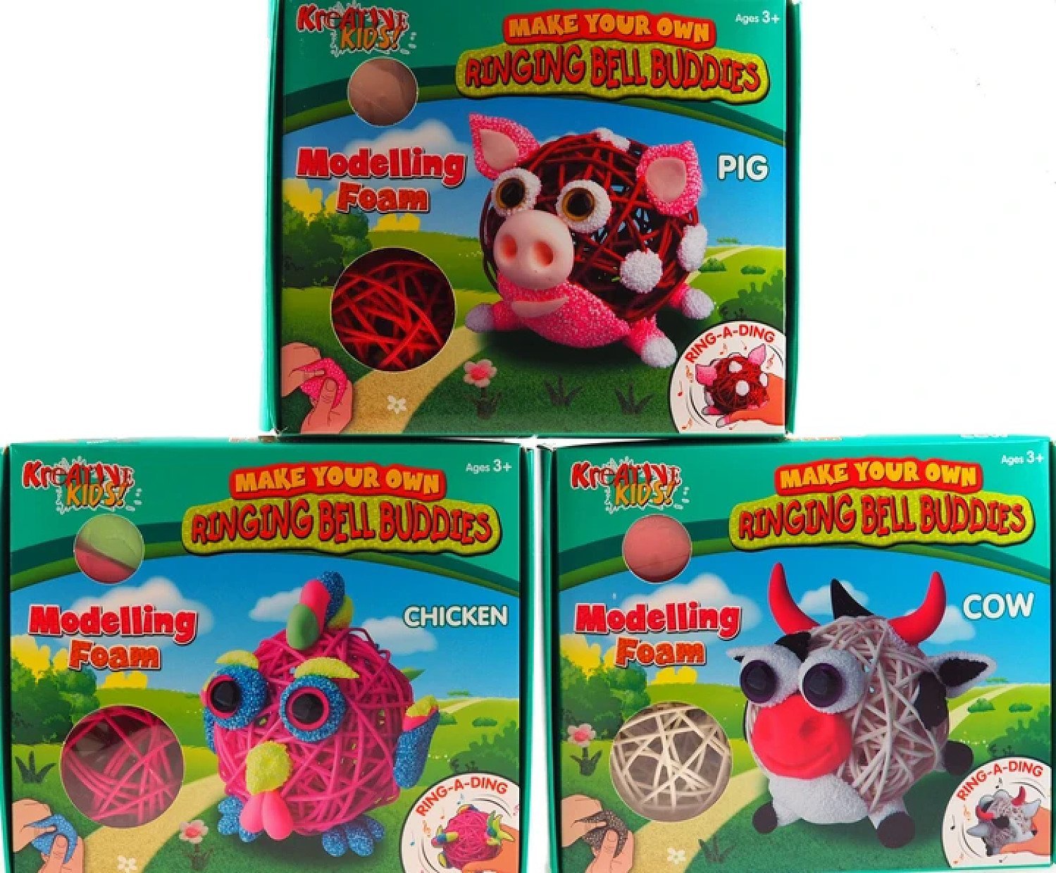 3 Make Your Own Ringing Bell Farm Craft Buddies - Cow, Chicken, Pig Free Postage