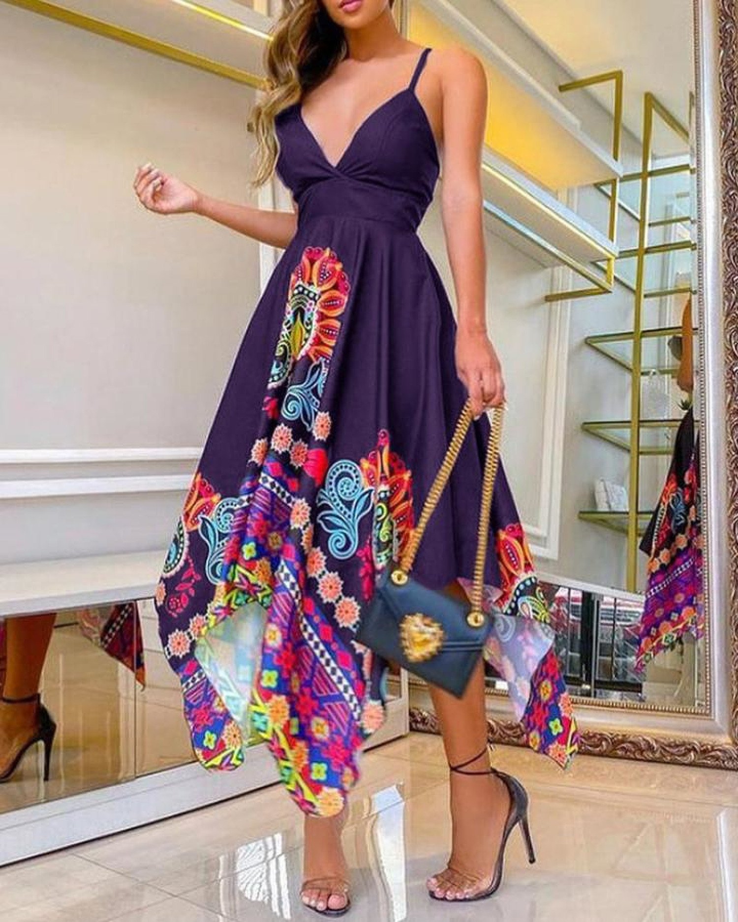 Floral Print Plunge Cami Asymmetrical Dress Free Postage
