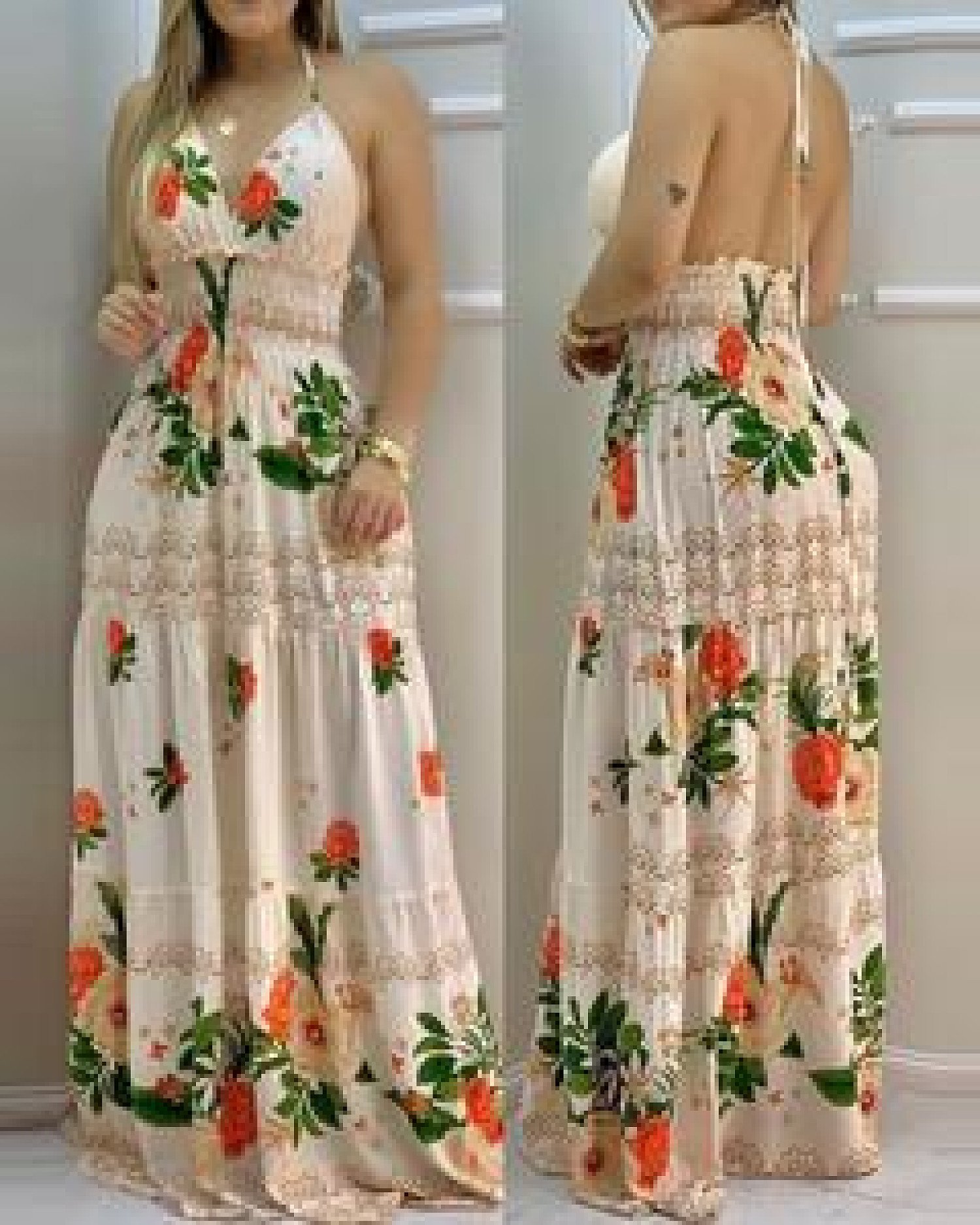 Halter Backless Floral Print Shirring Maxi Dress Free Postage