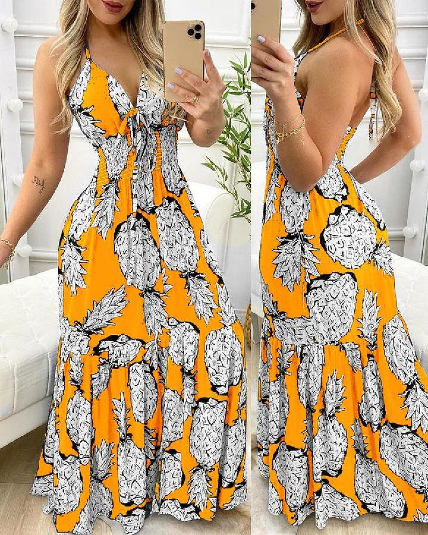Pineapple Print Halter Ruffle Hem Maxi Dress-Yellow Free Postage