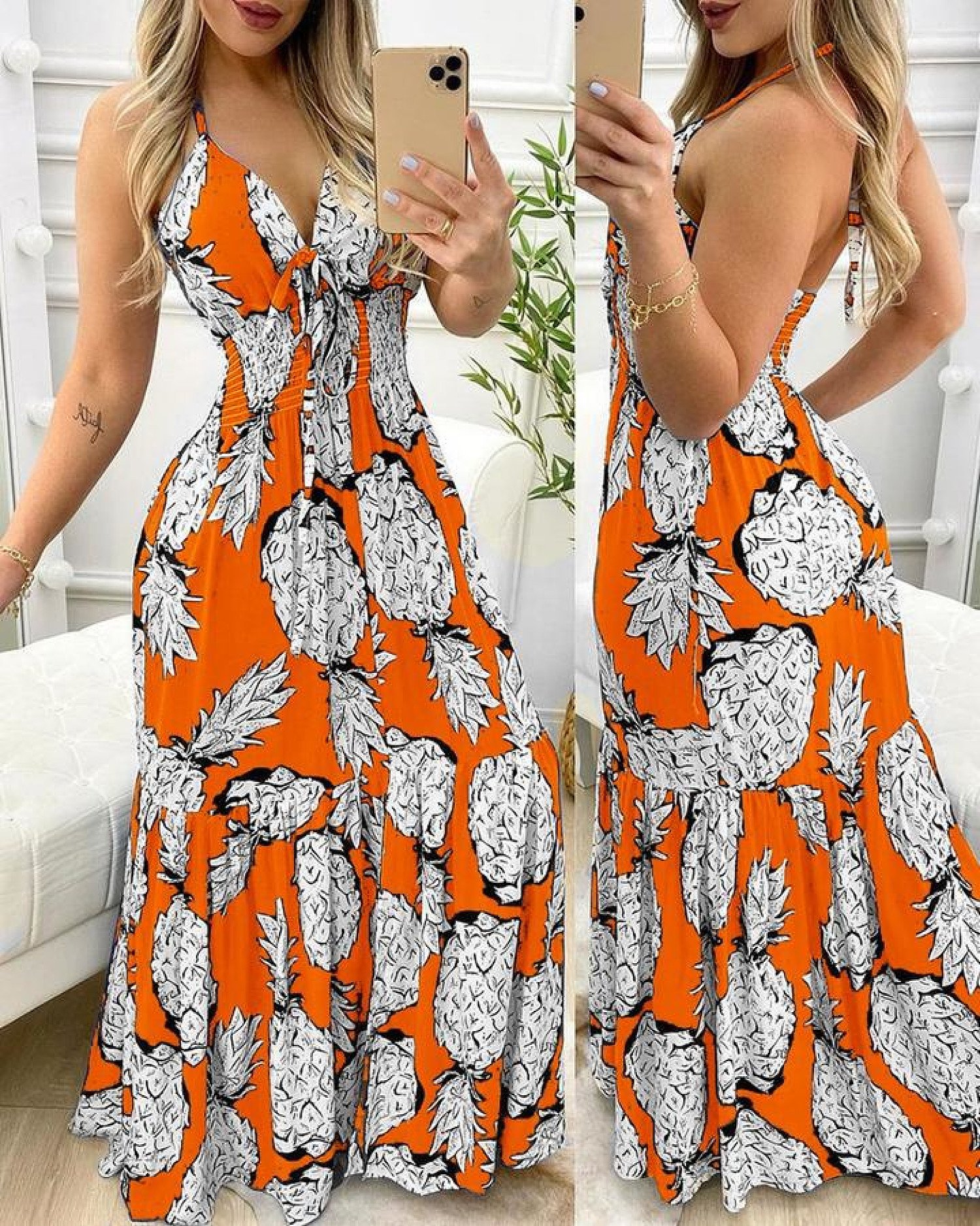 Pineapple Print Halter Ruffle Hem Maxi Dress-Orange Free Postage
