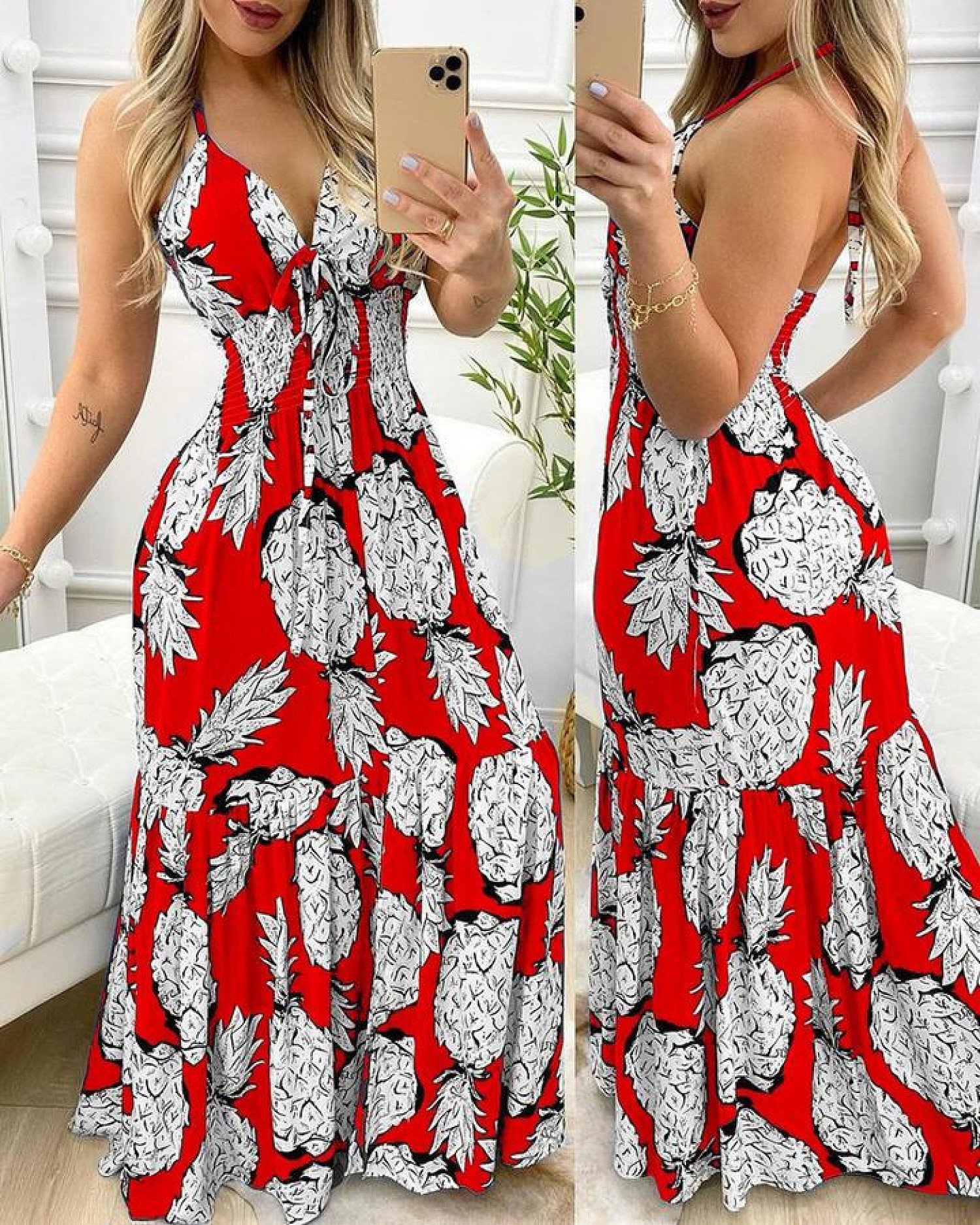 Pineapple Print Halter Ruffle Hem Maxi Dress-Red Free Postage