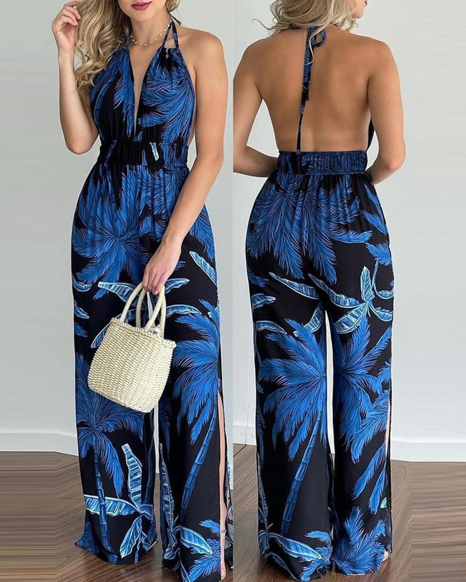 Tropical Print Halter V Neck Jumpsuit-Blue Free Postage