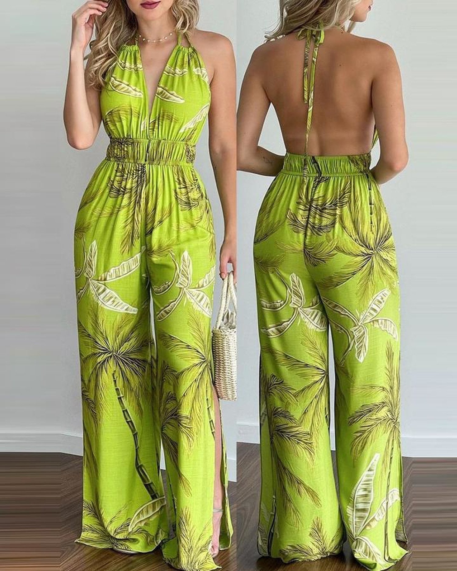Tropical Print Halter V Neck Jumpsuit Free Postage