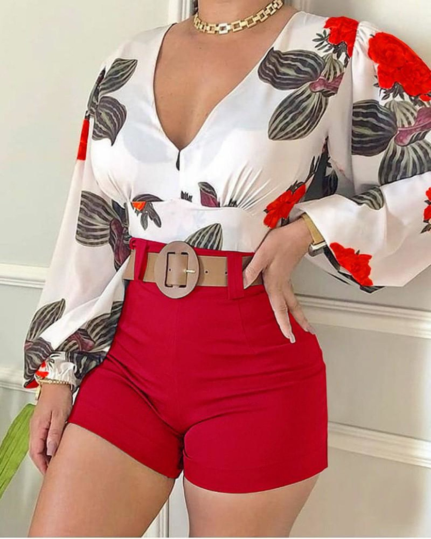 V Neck Tropical Print Long Sleeve Top & Shorts Set