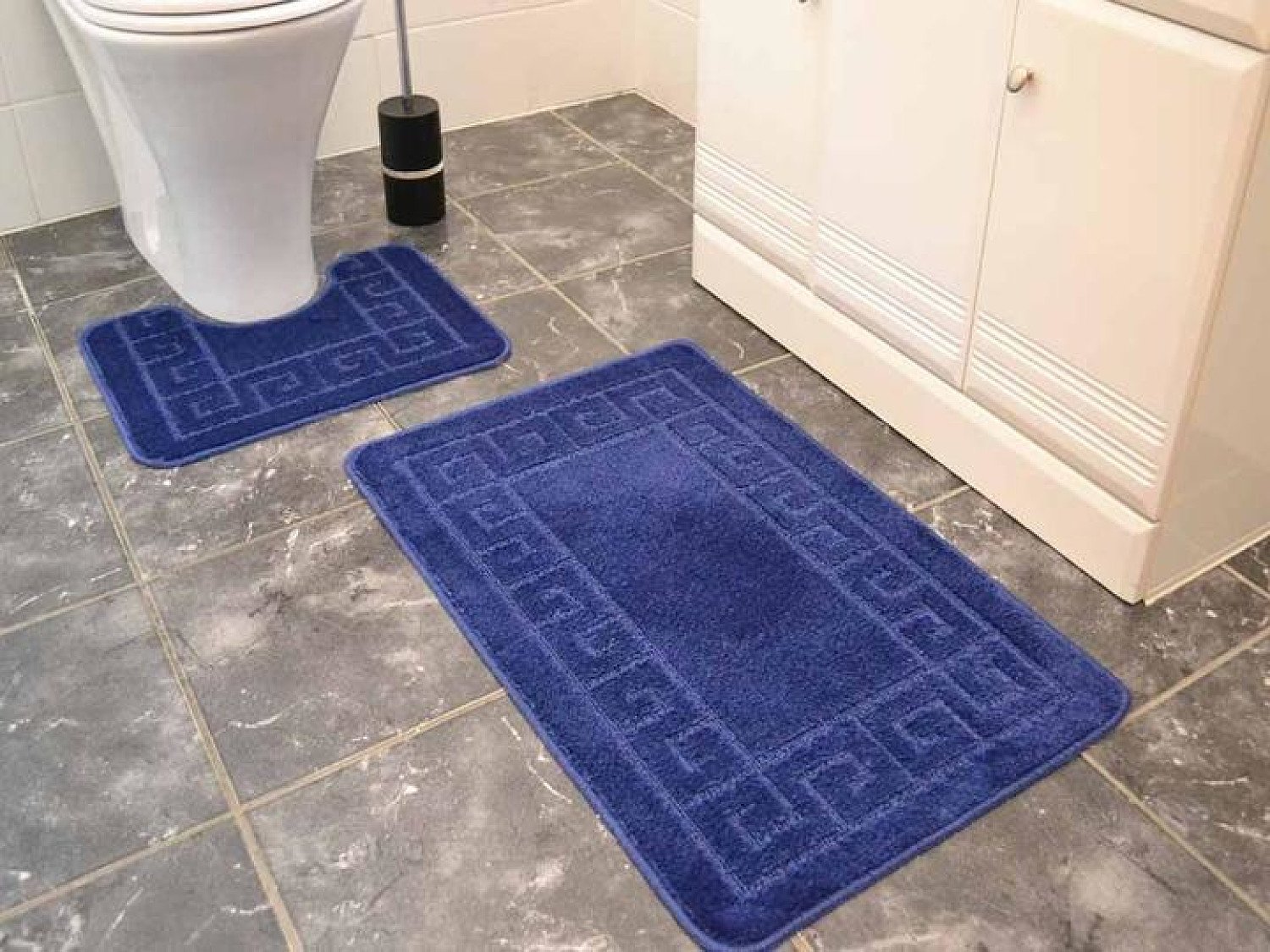 Navy Blue Greek Key Bath Mat Set Free Postage
