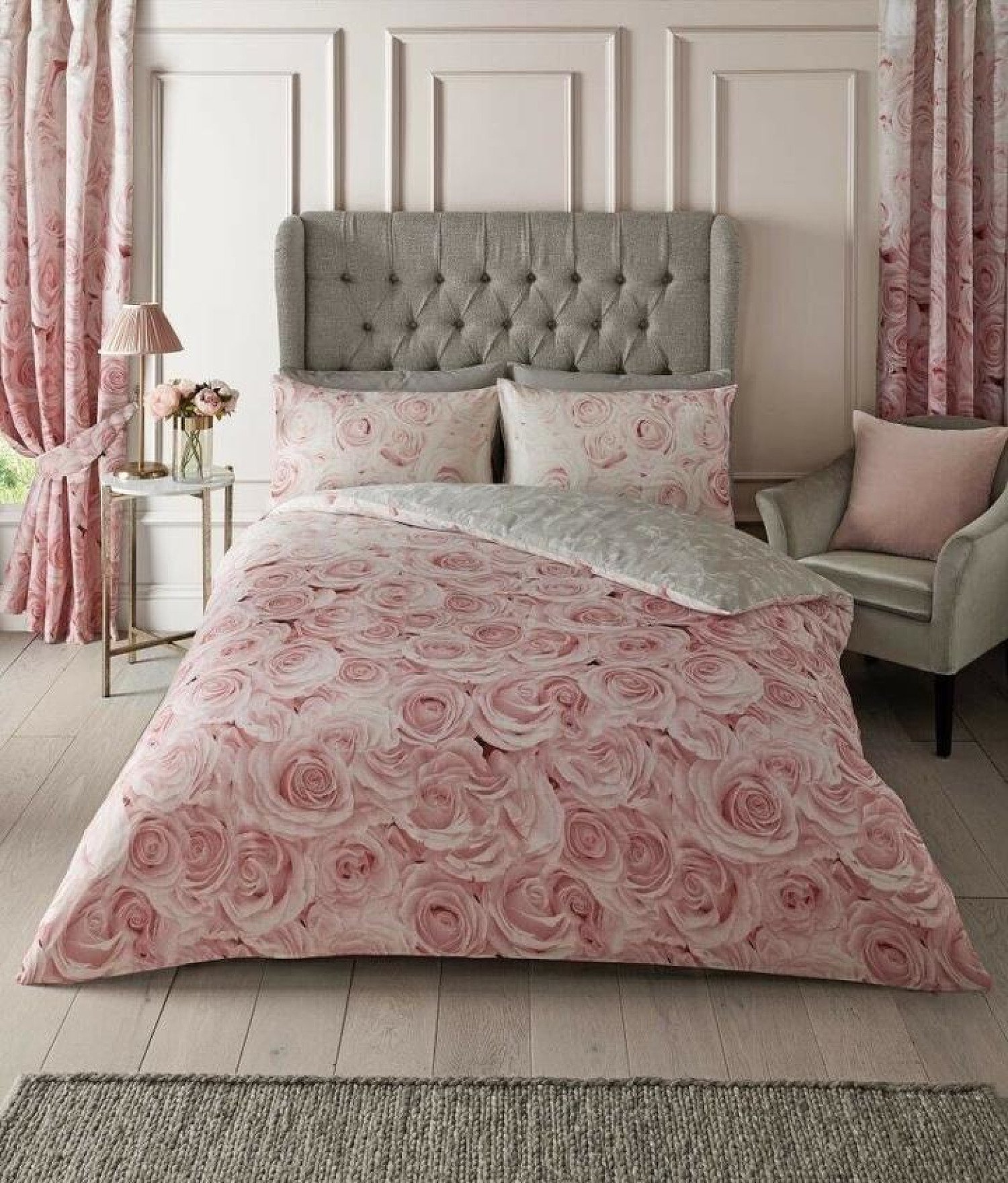 Blush Pink Rose Flower Duvet Set Reversible Grey Quilt Cover Free Postage