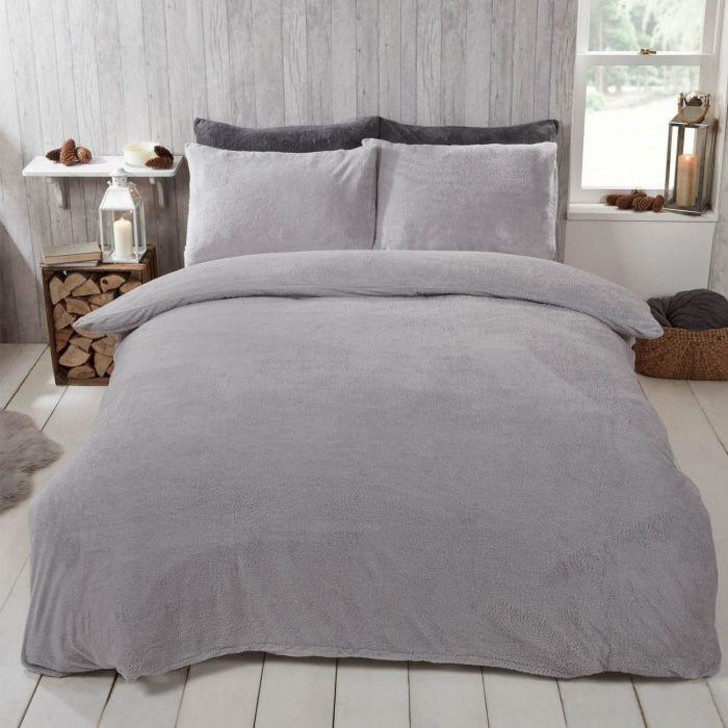 BRENTFORDS TEDDY FLEECE DUVET COVER SET - SILVER GREY Free Postage