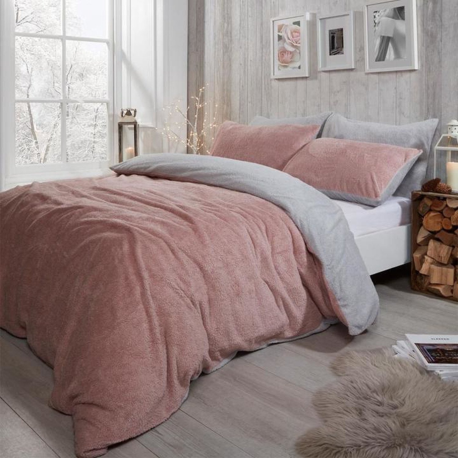 BRENTFORDS TEDDY FLEECE REVERSIBLE DUVET COVER SET - BLUSH PINK/GREY Free Postage