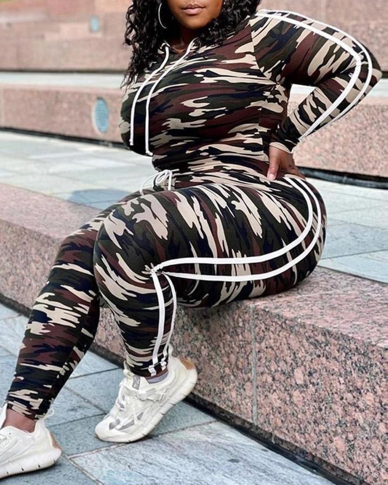 Plus Size Camouflage Print Hooded Top & Drawstring Pants Set Free Postage
