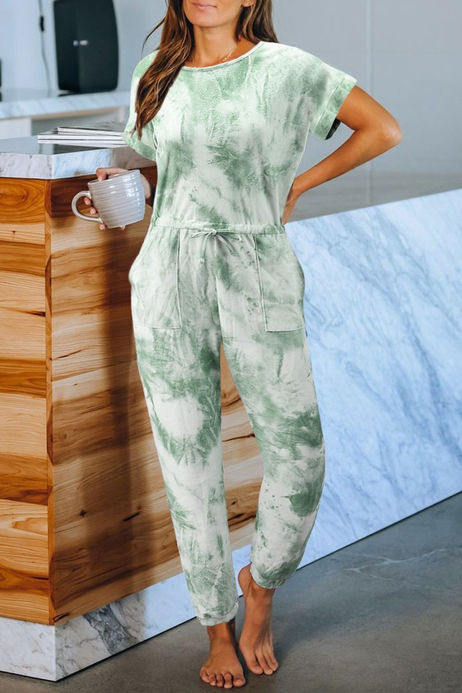 Green Pocketed Tie-dye Knit Jumpsuit Ladies Free Postage
