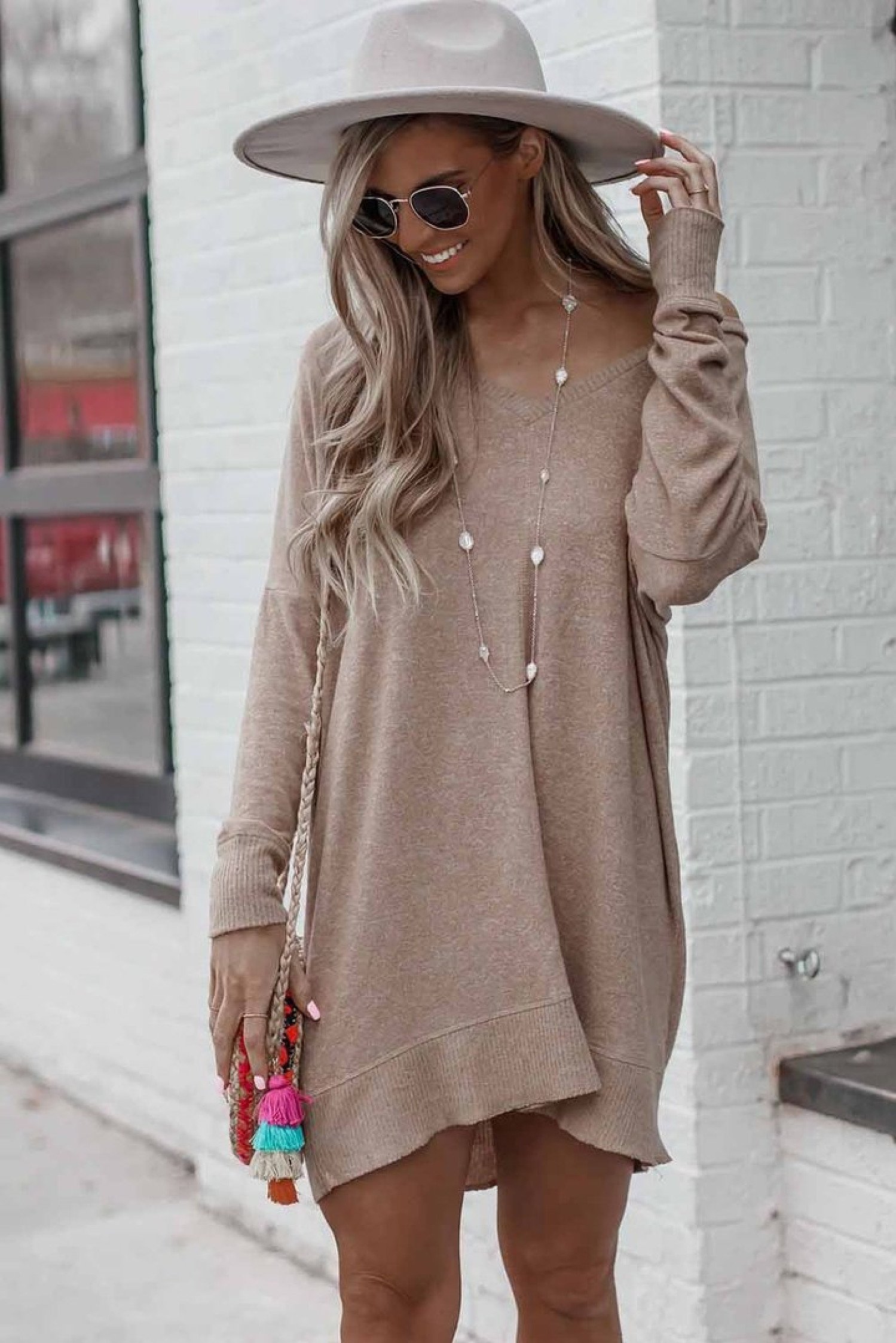 Taupe Long Sleeve Sweater Dress Ladies Free Postage