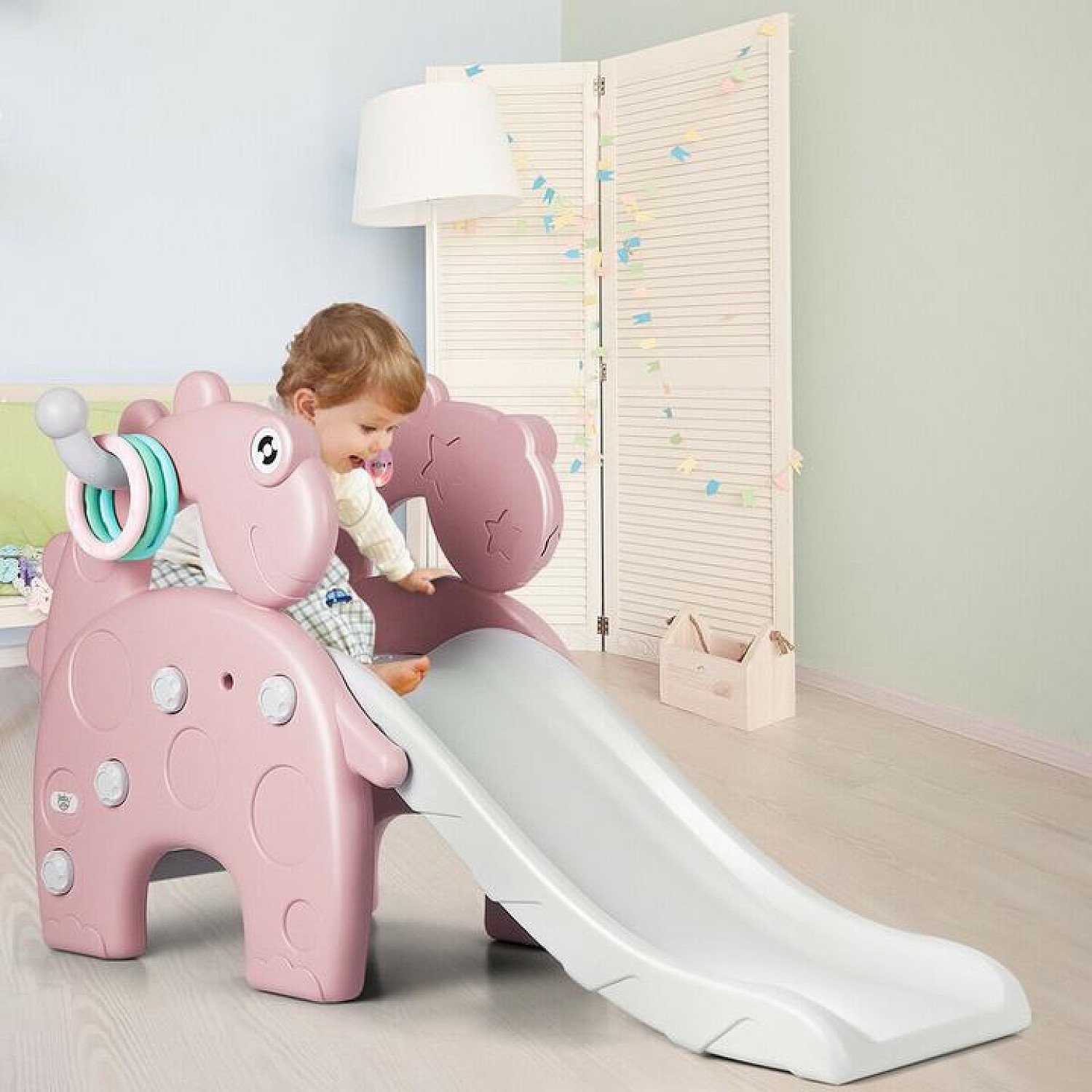 Pink 4-in-1 Kids Dinosaur shaped Slide, with Climbing, Basketball Hoop, and Ring Toss Game Free Post