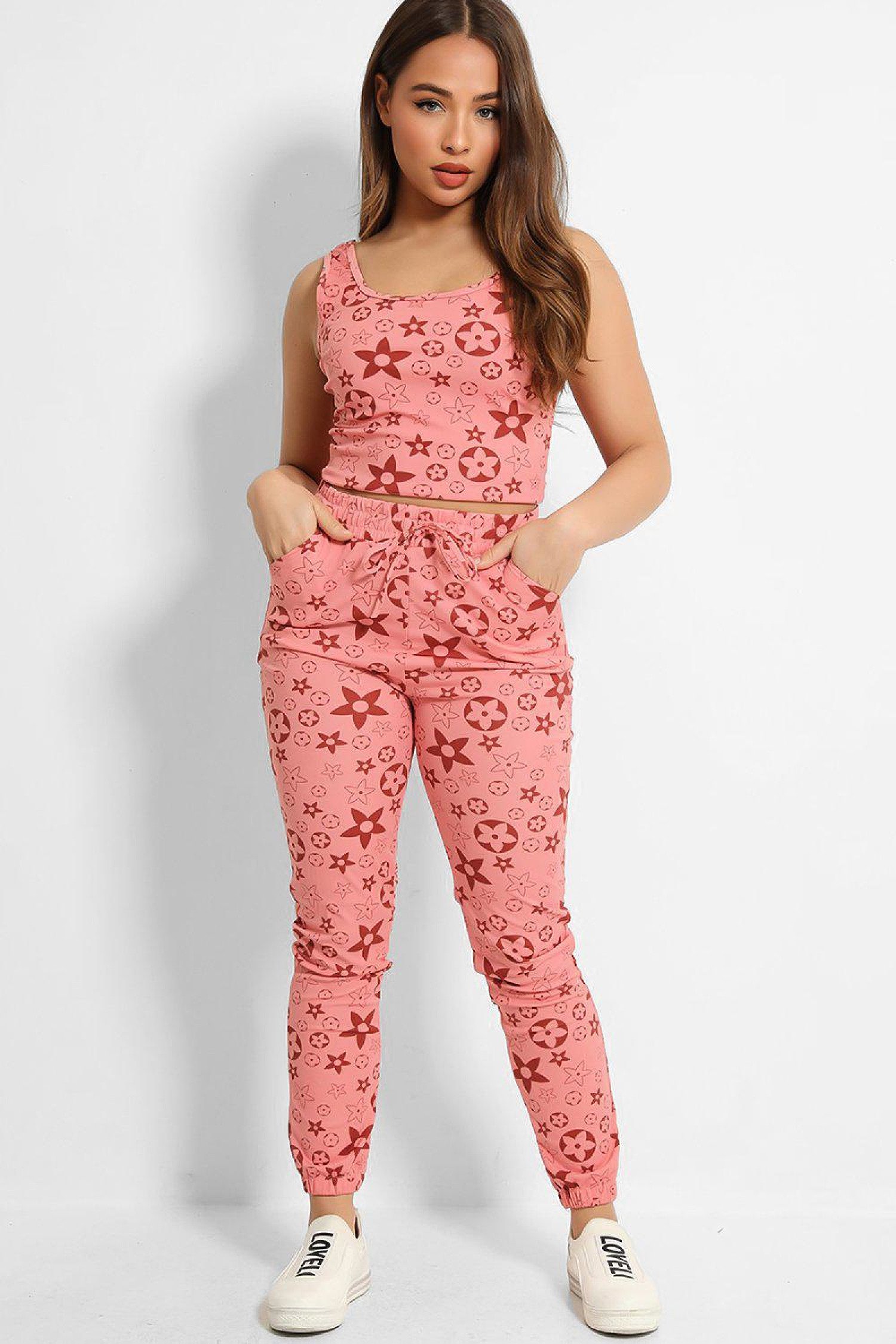 PINK FLOWER PRINT CROP TOP AND LEGGINGS SET