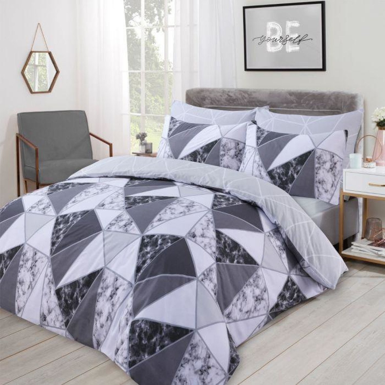 DREAMSCENE MARBLE GEOMETRIC DUVET SET - CHARCOAL