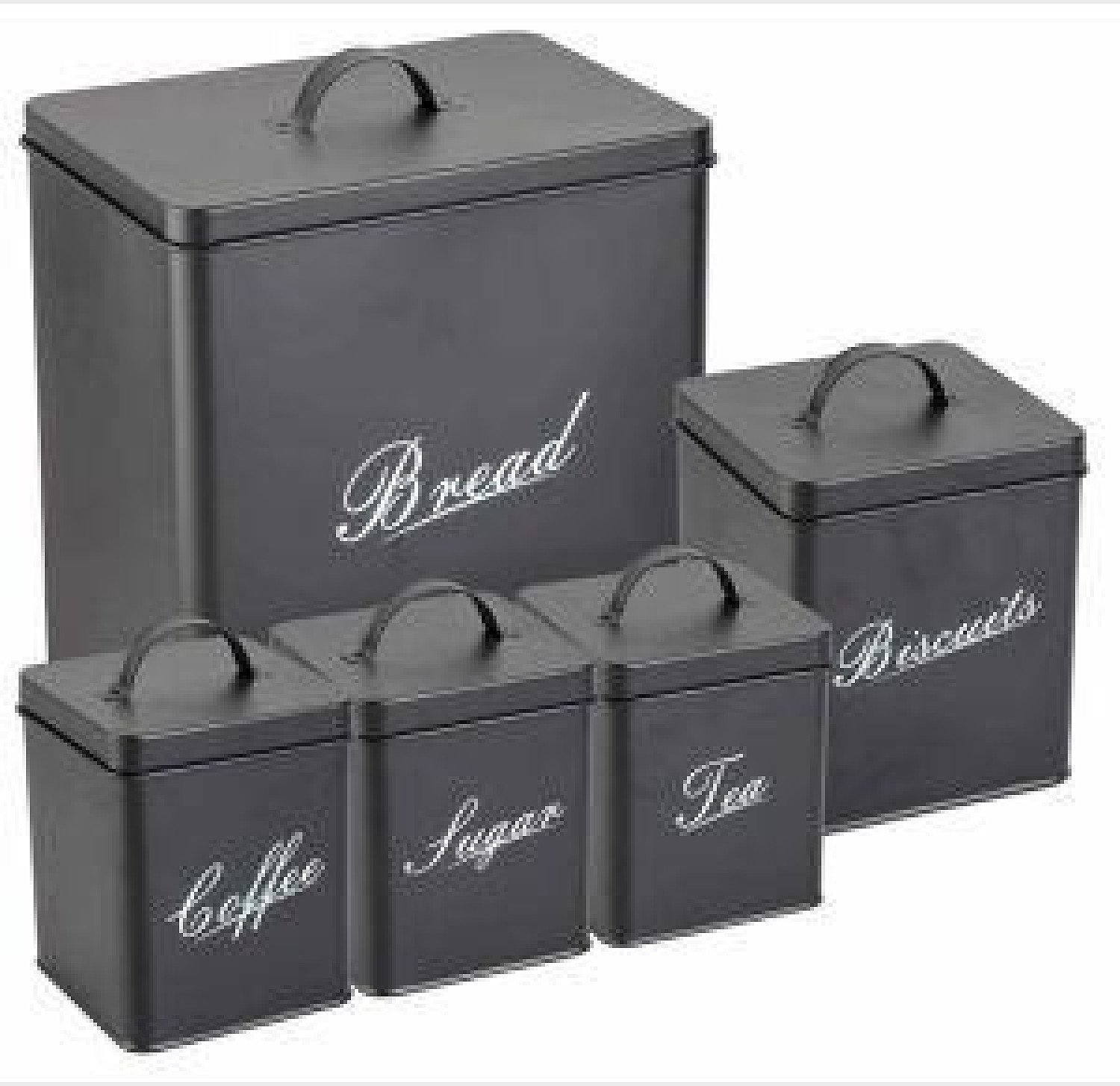 5pc Kitchen Storage Tin Canister Set Coffee/Tea/Sugar/Biscuits/Bread Black