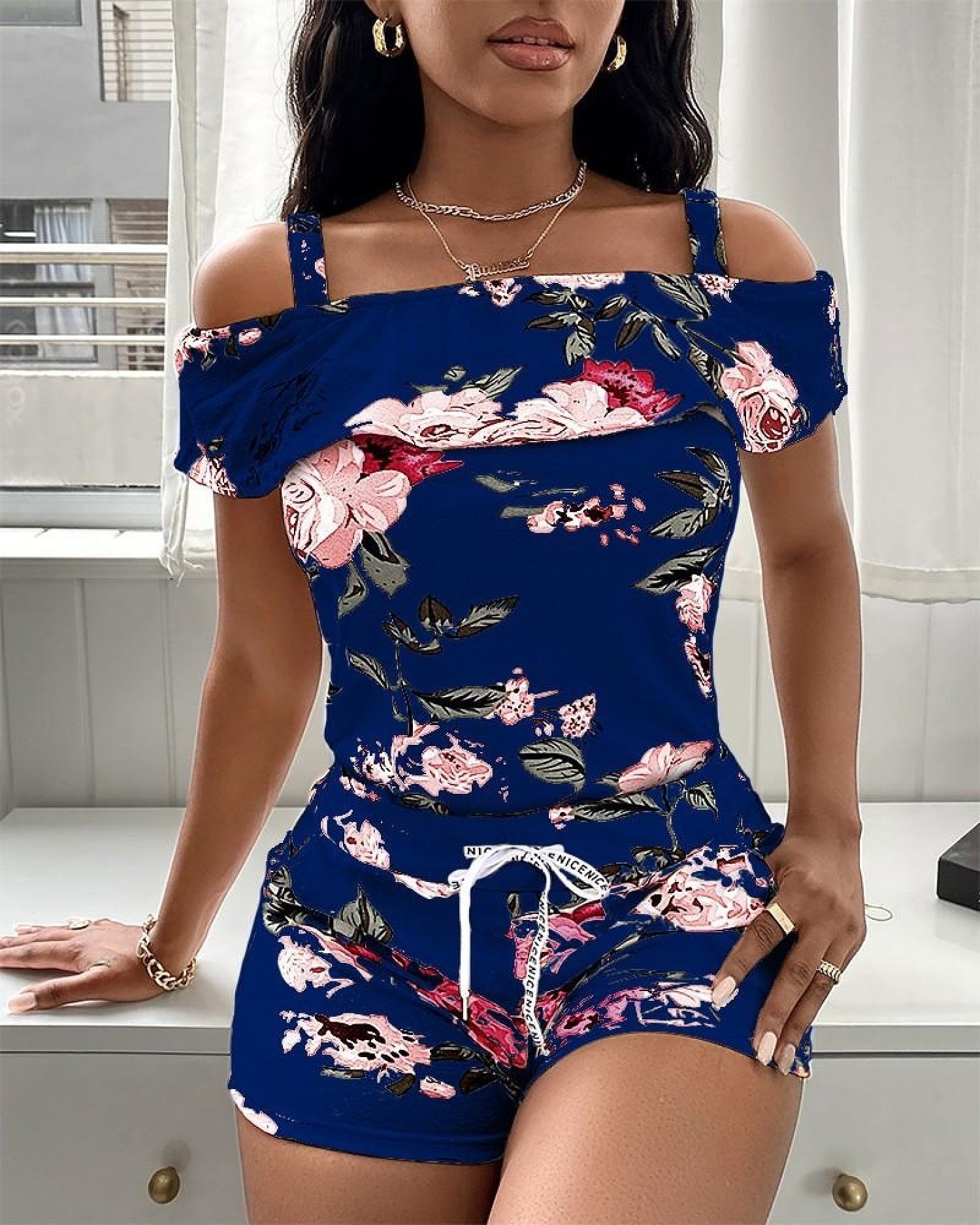 Floral Print Top & Drawstring Shorts Set- Navy