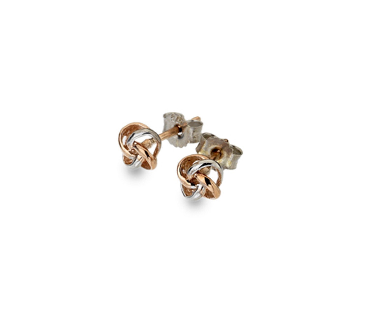9ct rose & white gold, 3D knot stud earrings from Callibeau Jewellery only £55