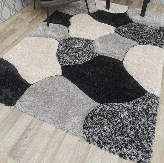Grey Black 3D Shaggy Rug 120x170 Thick Soft 50mm Deep Flokati Pile Contemporary- Grey