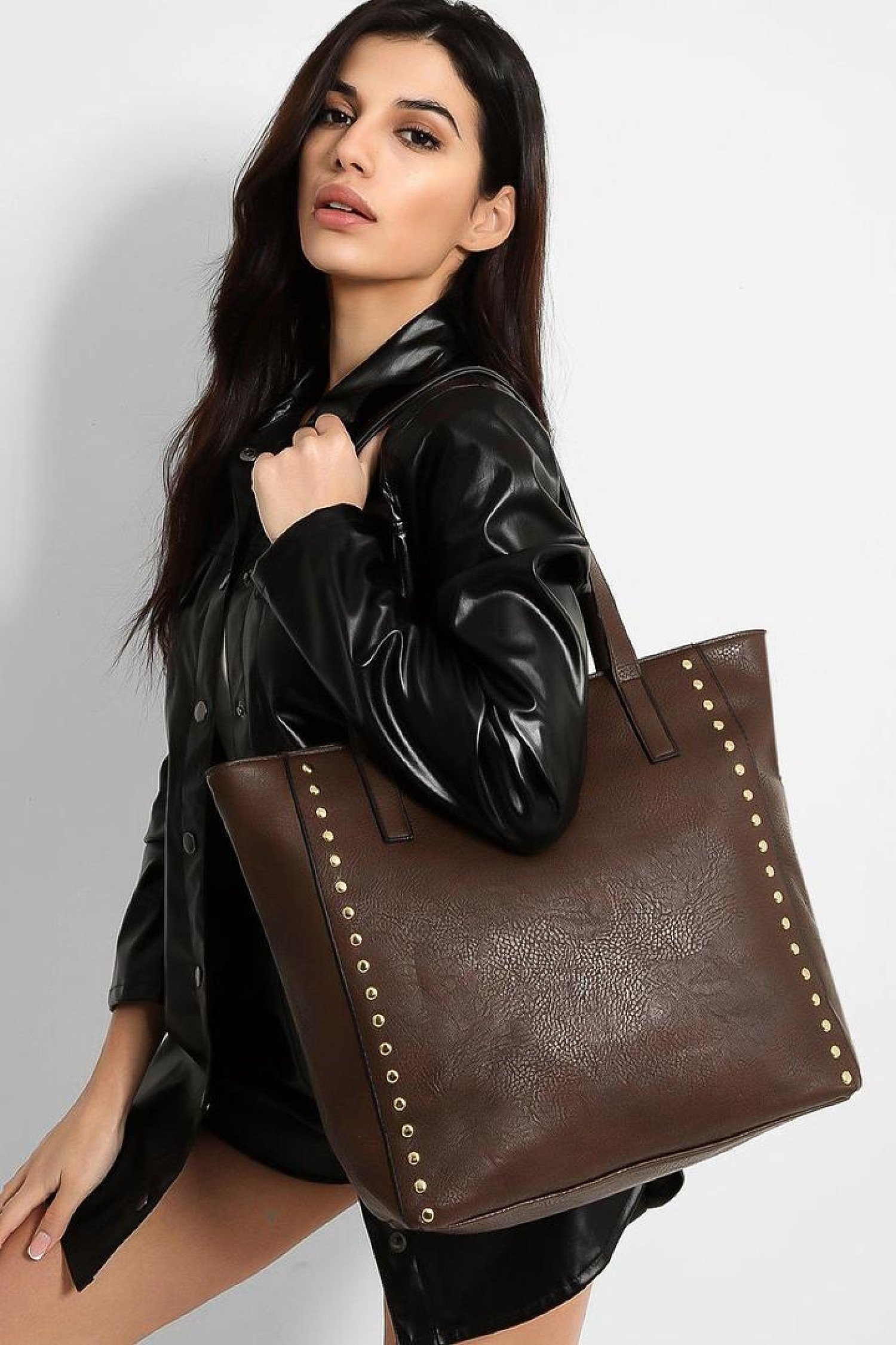 Dark Brown Leather Gold Stud Bag Free Postage