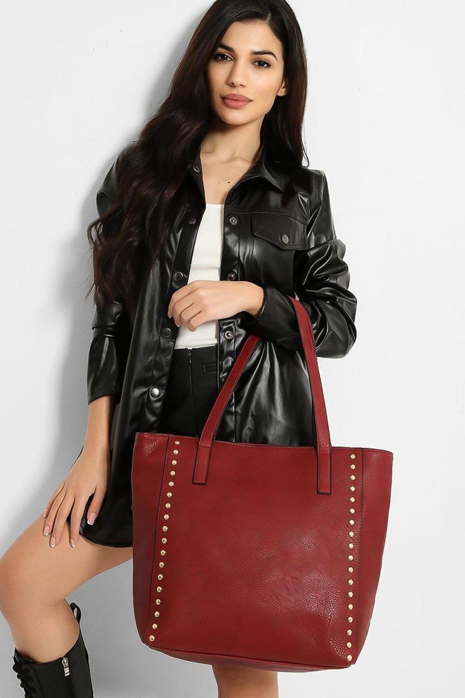 Dark Red Leather Gold Stud Bag Free Postage