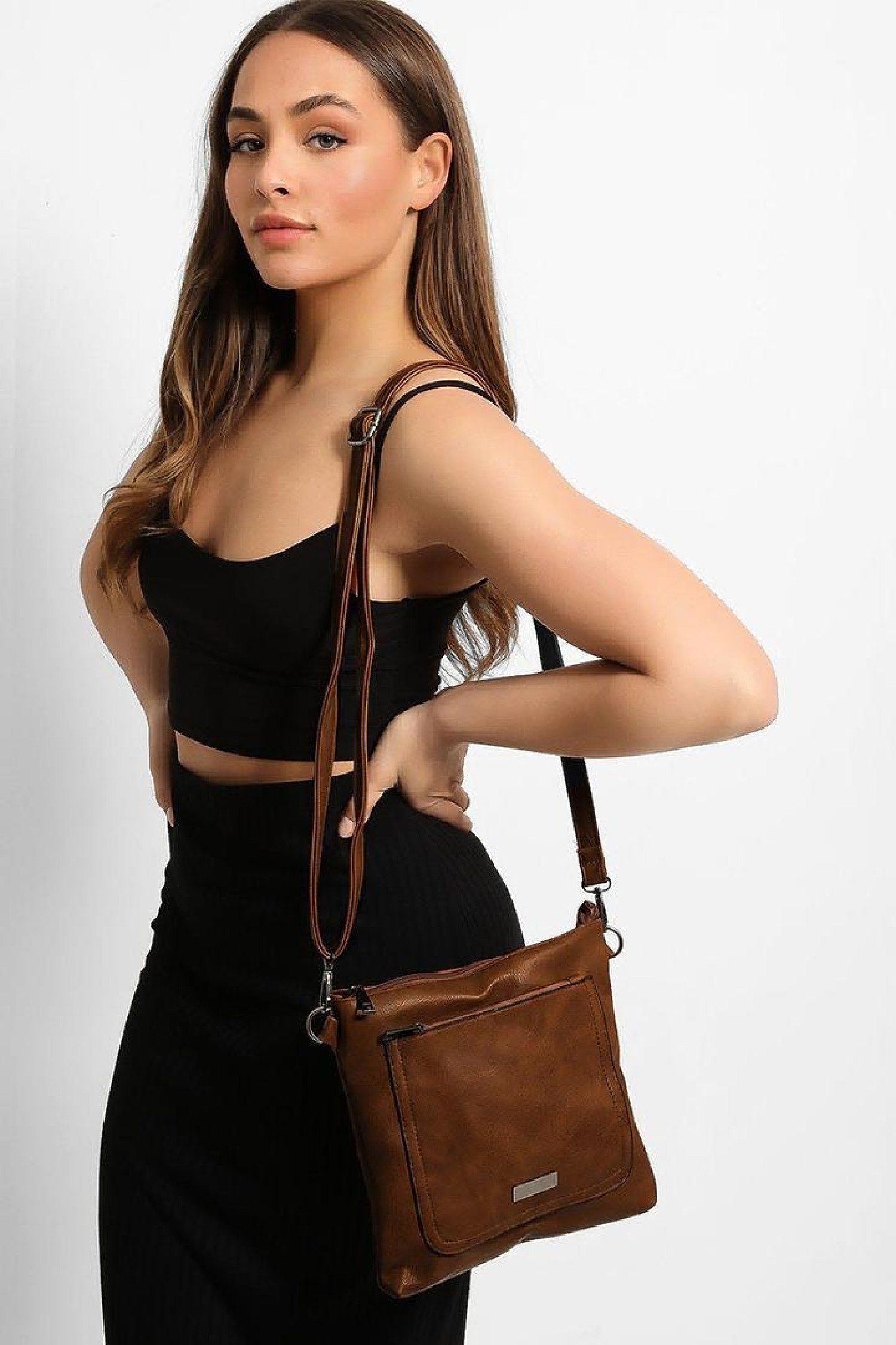 Brown Zipped Front Pocket Shoulder Bag Free Postage
