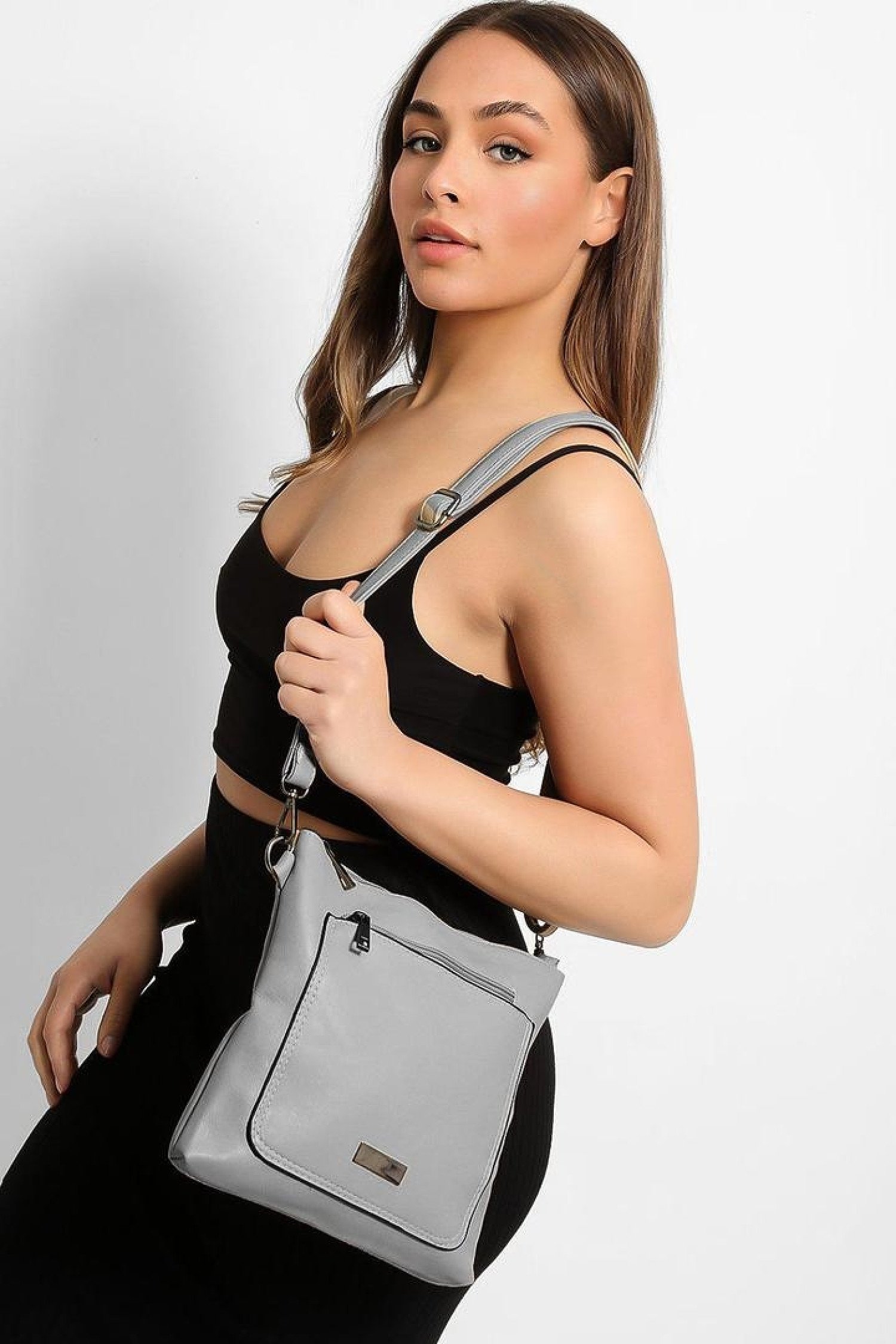 Grey Zipped Front Pocket Shoulder Bag Free Postage
