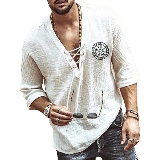 NEW RENAISSANCE VIKING PIRATE MEDIEVAL COSPLAY COSTUME MEN SHIRT V NECK LACE UP VINTAGE SHIRT