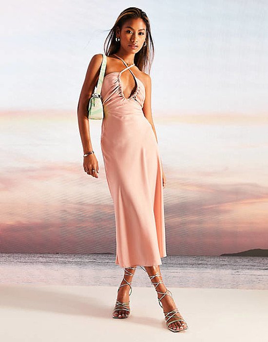 ASOS DESIGN cross font halter satin midi dress with tie back current price - £42.00!