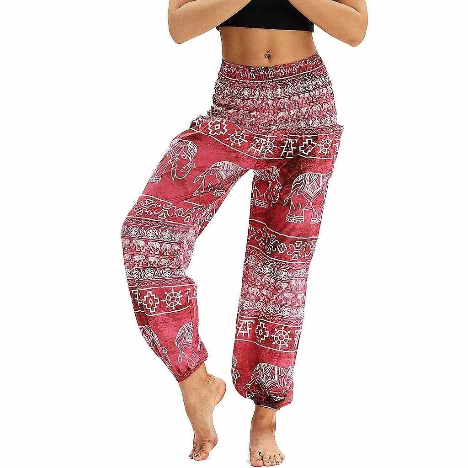 Women's Pants Baggy Patterned High Waist Smocked Waist Thin with Pockets