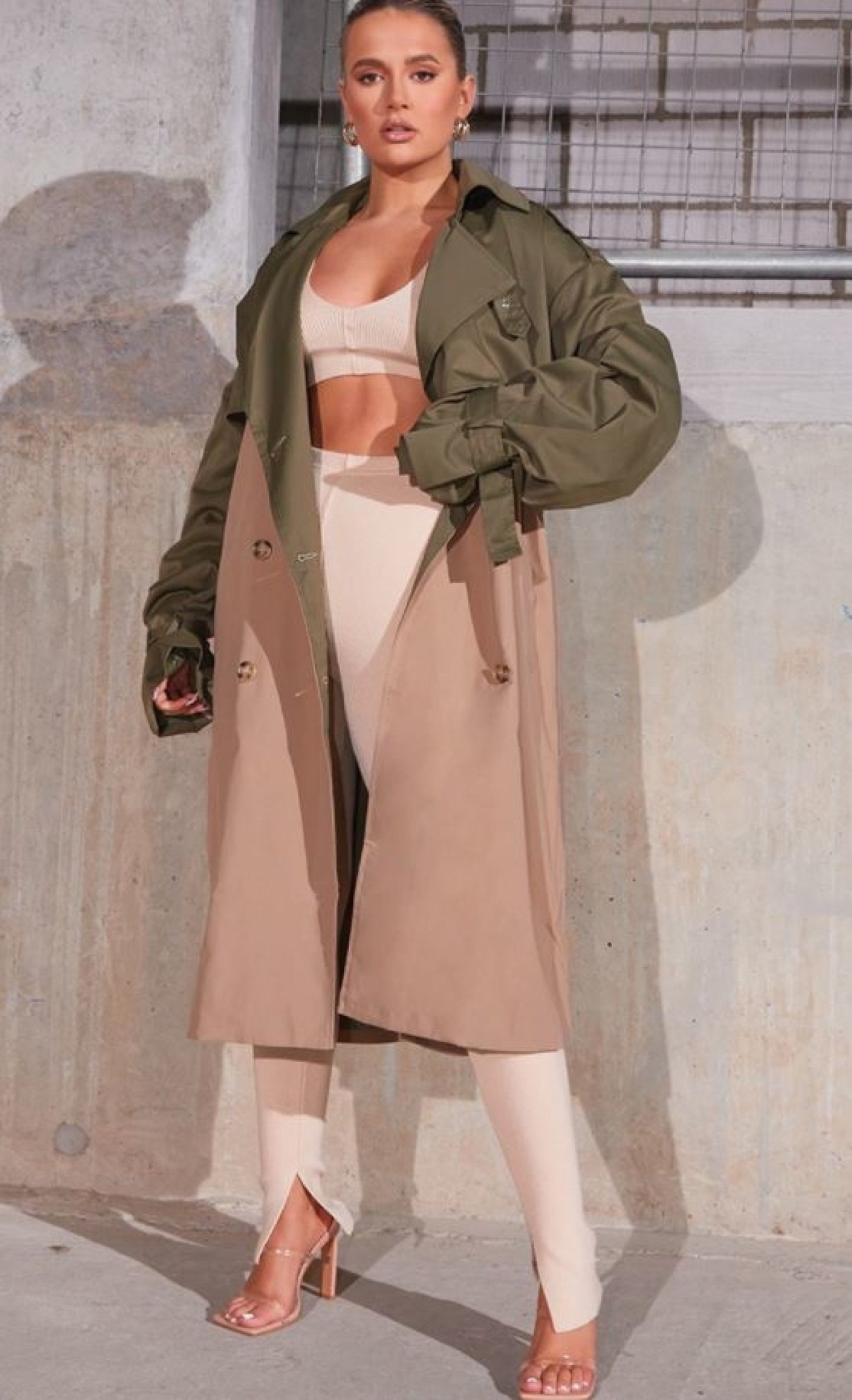 11% OFF - KHAKI CONTRAST OVERSIZED BELTED MIDI TRENCH!